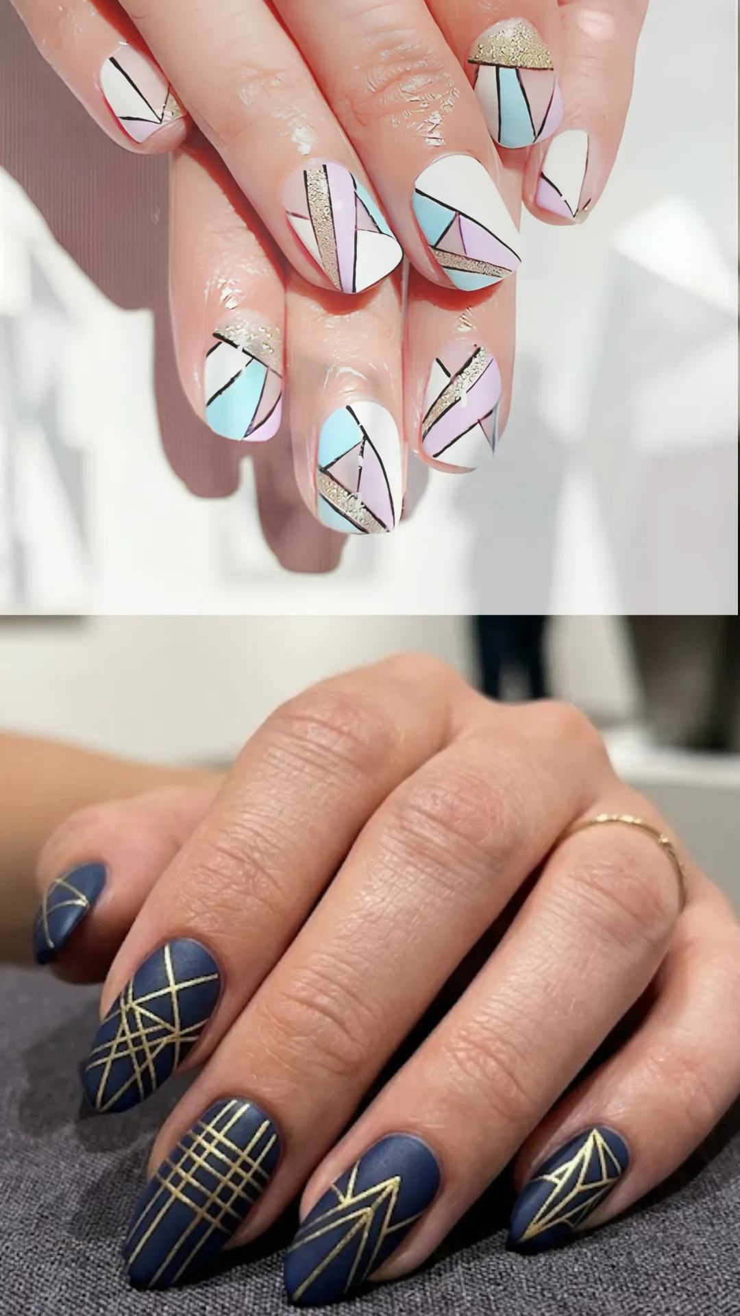 A composite image showcasing geometric and abstract linear nail art designs. The upper photo shows a pair of hands with short nails styled in an artistic geometric layout, combining blocks of pastel pink, light blue, white, and glittering gold foil divided by sharp black lines. The lower photo features a close-up of a hand with long, almond-shaped nails coated in a matte navy blue polish, decorated with precise, overlapping metallic gold spider gel lines that form intricate intersecting grids and structural geometric shapes.