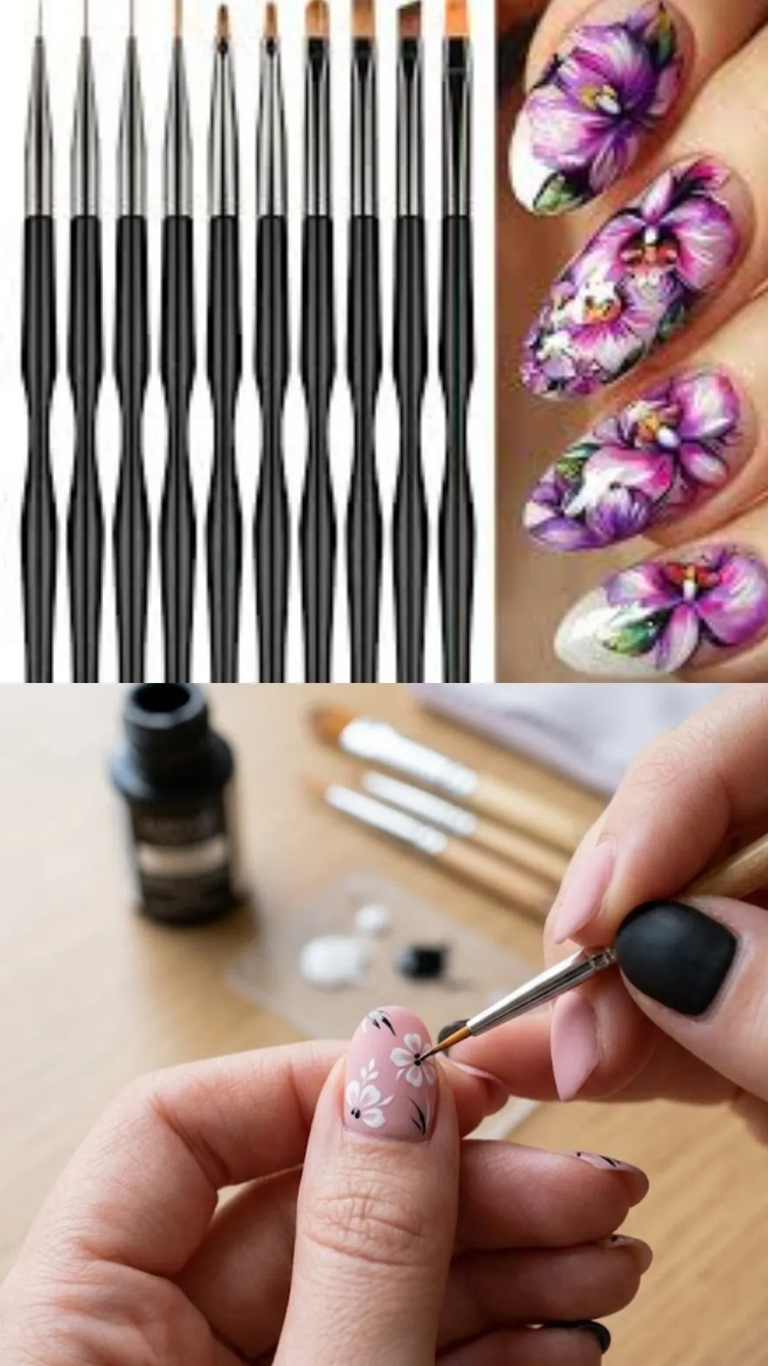 A dual-image composition focusing on specialized nail art brushes. The top section displays a professional collection of ten black-handled striping and detailing brushes lined up vertically next to long, almond-shaped accent nails decorated with highly detailed purple orchids. The bottom half shows a nail artist using a silver ferrule detail brush to add fine black centers to white hand-painted flowers on a dusty rose pink nail base.