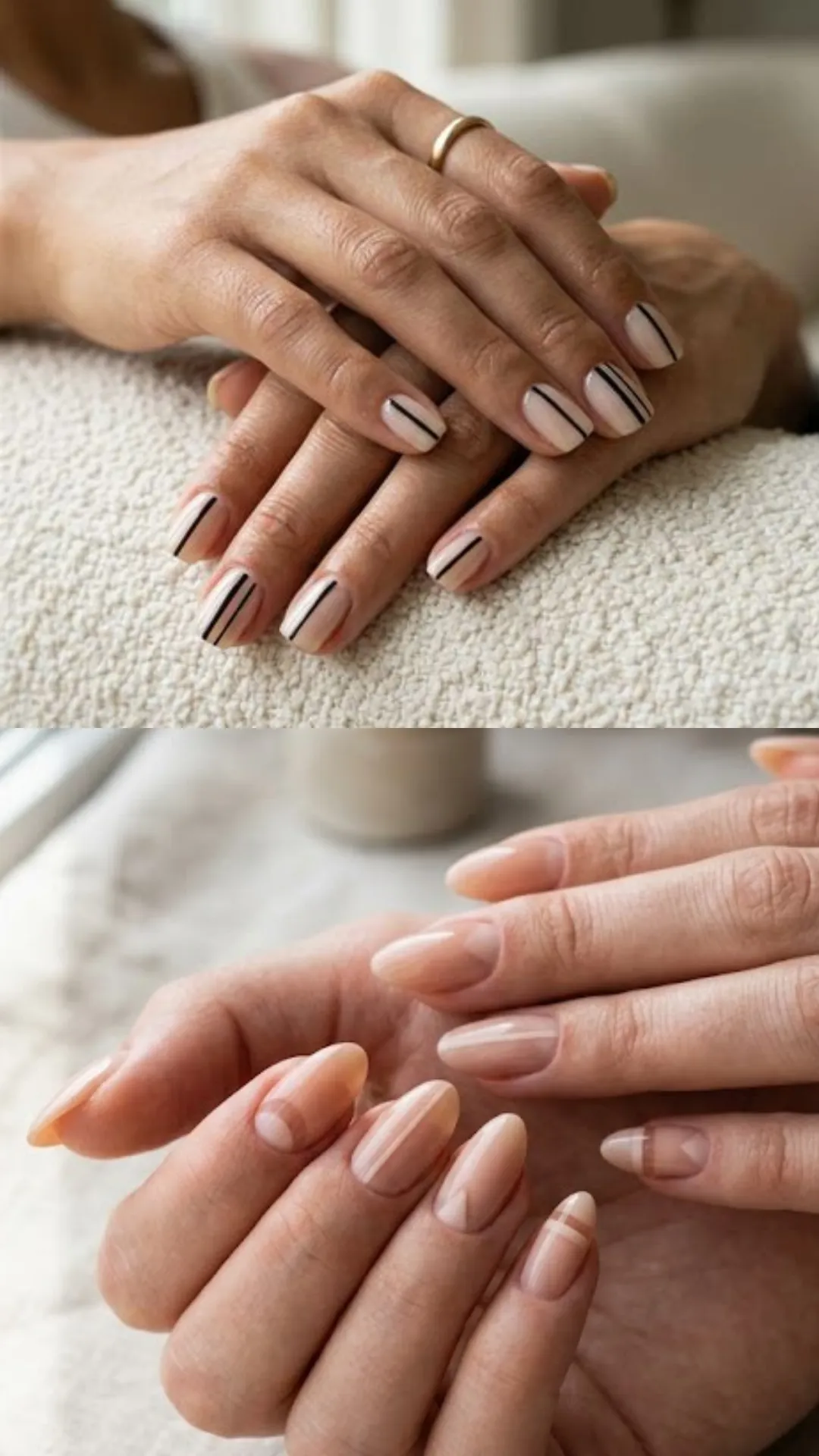 A composite photograph displaying chic graphic line art on nude nail beds. The upper image showcases two hands resting on a white textured pillow, featuring short square nails painted in a light nude base, each accented with a sharp, thin black vertical pinstripe down the center. The lower image shows long oval nails with a translucent base, subtly decorated with minimal geometric negative space arches and delicate white curves near the cuticles.