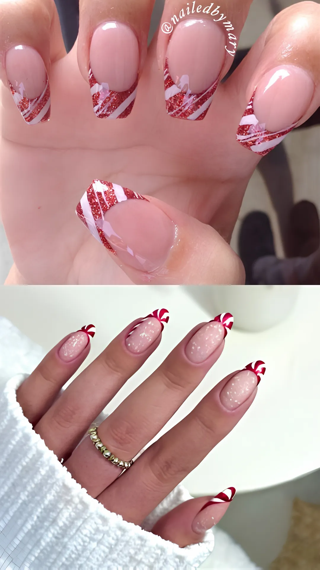 Modern holiday French manicure styles showing neutral base colors finished with festive red and white striped candy cane tips.