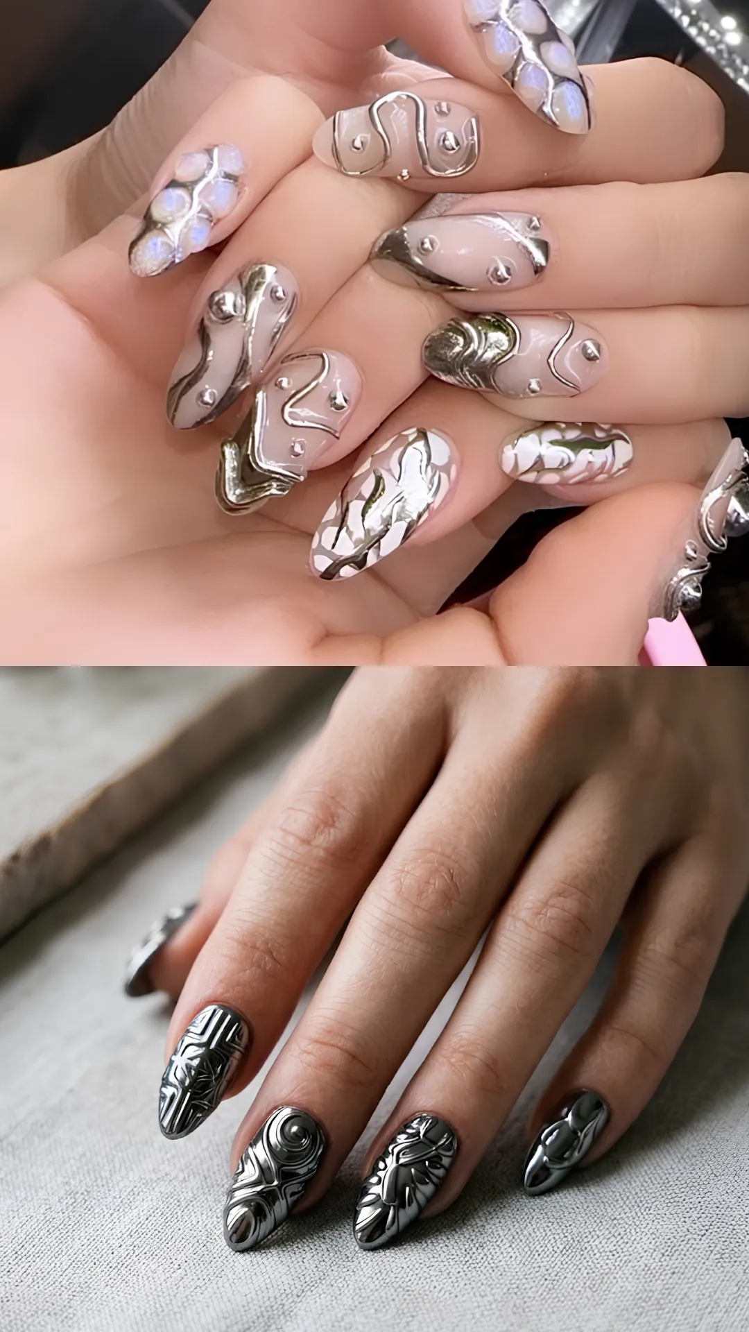 A two-panel image highlighting dramatic molten chrome and relief textures. The top half shows long almond nails decorated with raised 3D liquid silver chrome swirls, metallic studs, and iridescent pearlized scale accents over a sheer nude base. The bottom half displays dark gunmetal chrome nails with heavy, embossed 3D tribal and geometric relief carvings etched into every nail bed.