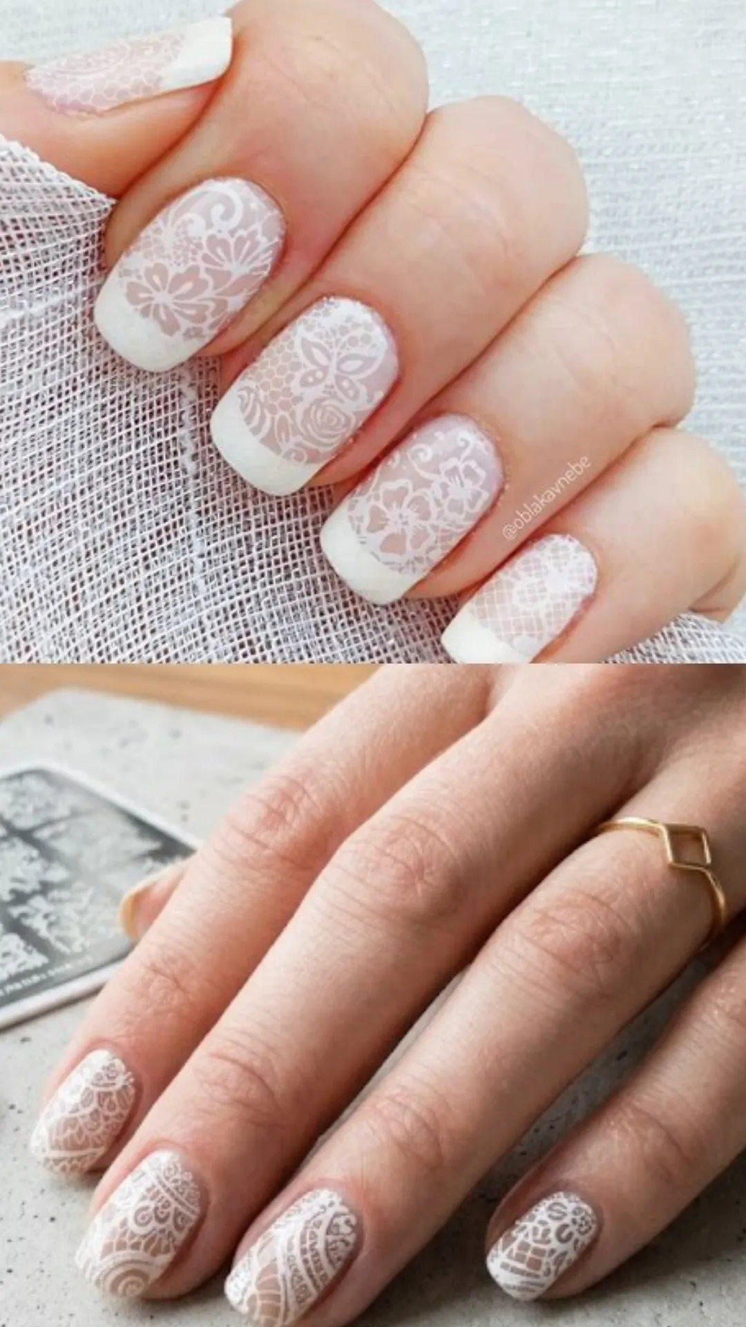 A split-panel photograph showcasing delicate white lace nail stamping. The top section displays square-shaped nails painted with white French tips and stamped overall with fine, semi-sheer white floral lace and mesh patterns held against a woven fabric. The bottom section shows a similar full-coverage white lace stamping design over a natural nude base coat on short fingernails.