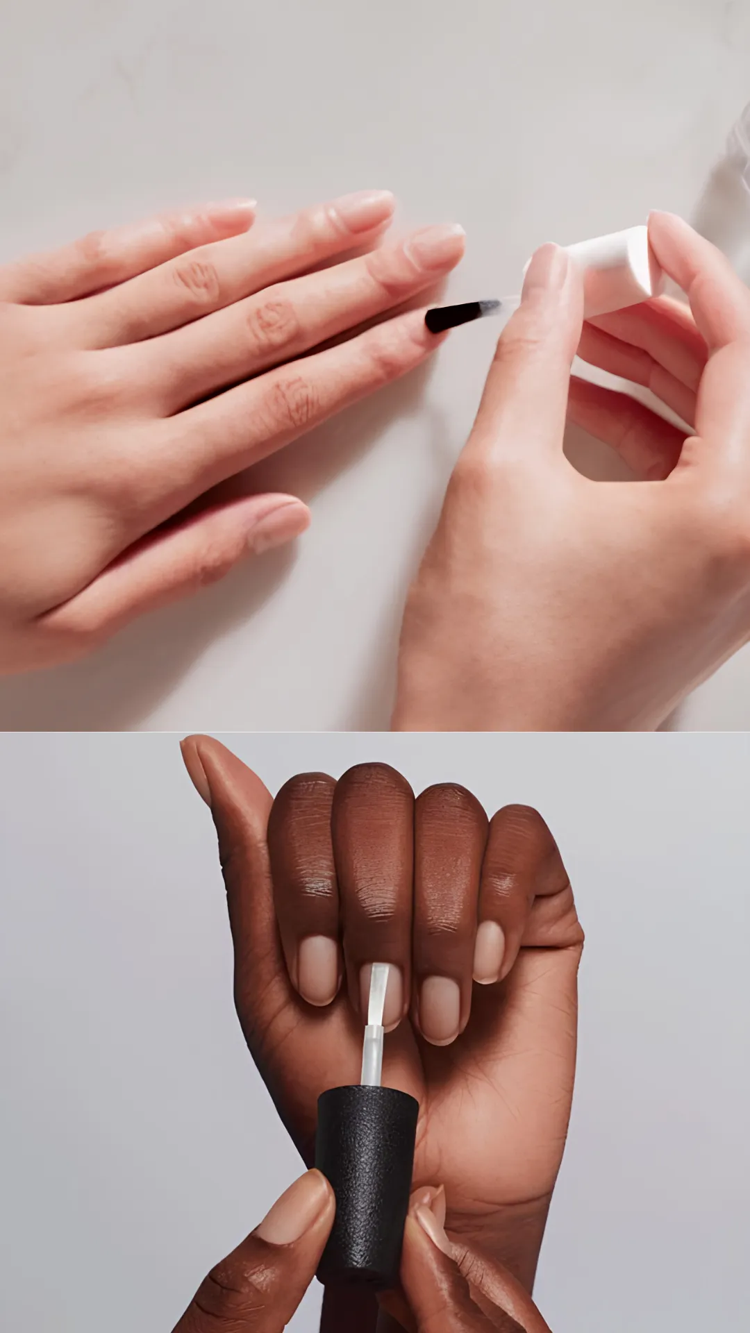A split-panel image showing the application of a protective base coat. The upper section captures a top-down view of a hand receiving a coat of clear base coat polish across natural oval-shaped nails. The lower section displays a person with dark skin holding a black polish bottle while applying a thin, protective clear layer over clean, prepped natural nails to prevent staining and improve longevity.