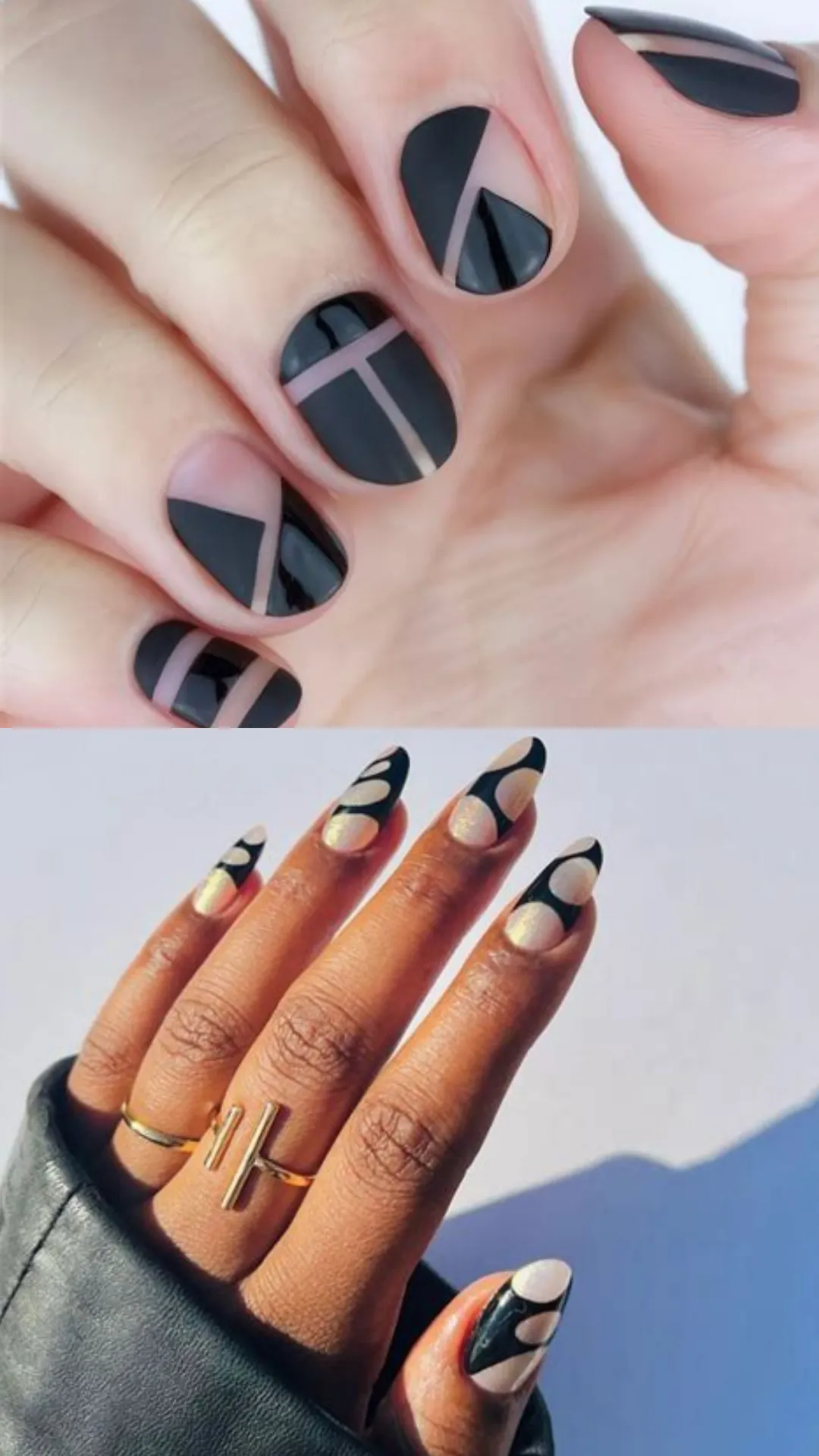 Abstract minimalist black nail art displaying short round nails with bold negative space geometric color blocks on top, paired with long almond nails featuring organic black curved cutouts over a sheer shimmer base below.