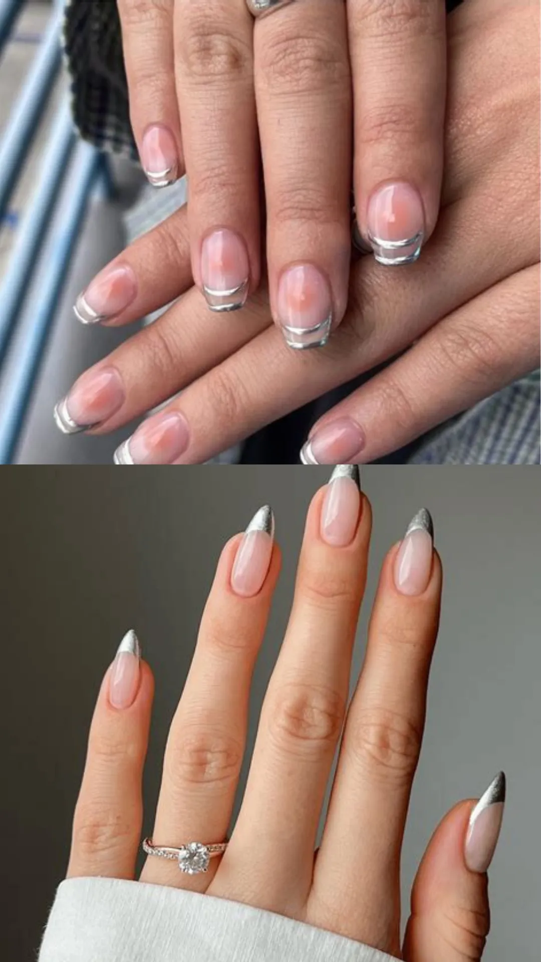 Elegant variations of silver French tips showing a clear pink base with double-outlined metallic silver arches on top, and sharp almond nails with solid chrome silver tips below.