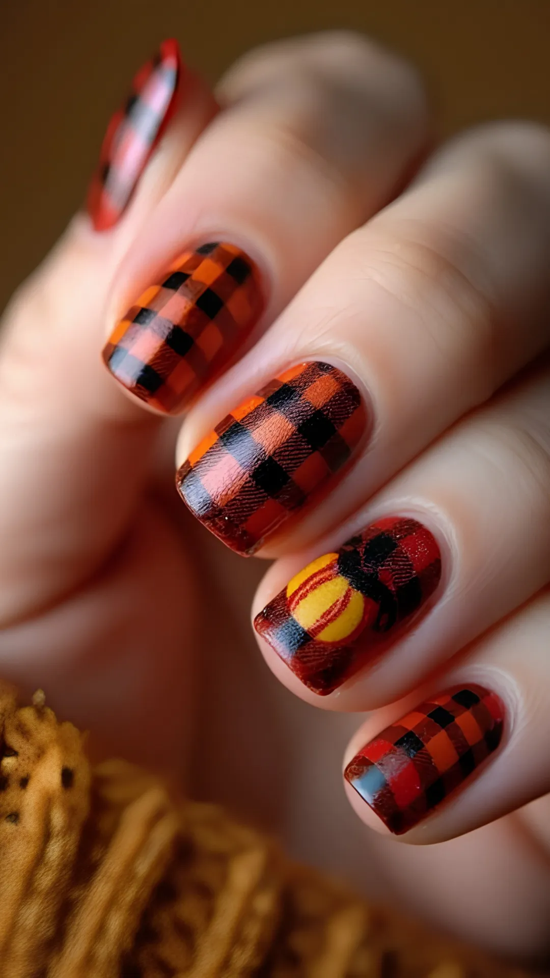 A cozy autumn manicure displaying almond nails painted in a warm orange, black, and red flannel plaid pattern, with a small yellow pumpkin detailed on the ring finger.
