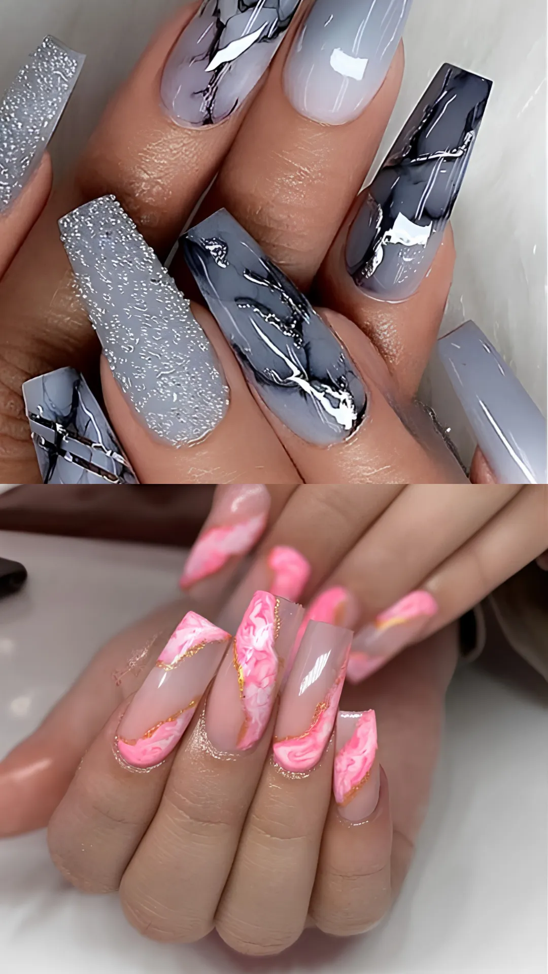 A two-panel showcase of dramatic, fluid acrylic nail art patterns. The top panel displays long coffin nails featuring a detailed grey and black marble stone effect highlighted by bright silver glitter accents on a textured accent nail. The bottom panel features long square nails designed with a soft pink marble swirl pattern rimmed with elegant metallic gold leaf borders.