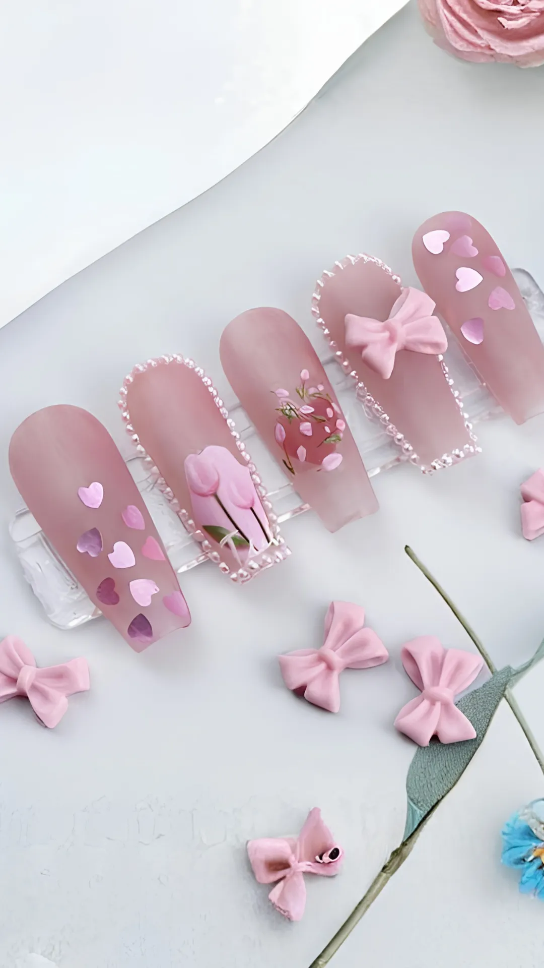 A flat-lay showcase of a premium set of long, coffin-shaped Korean press-on nails arranged on a transparent display stand. The nails feature a soft matte pink base decorated with various matching 3D elements, including delicate pink tulips, embedded dried floral arrangements, rows of tiny faux pearls bordering the edges, metallic heart glitter, and matching 3D sculpted acrylic bows.