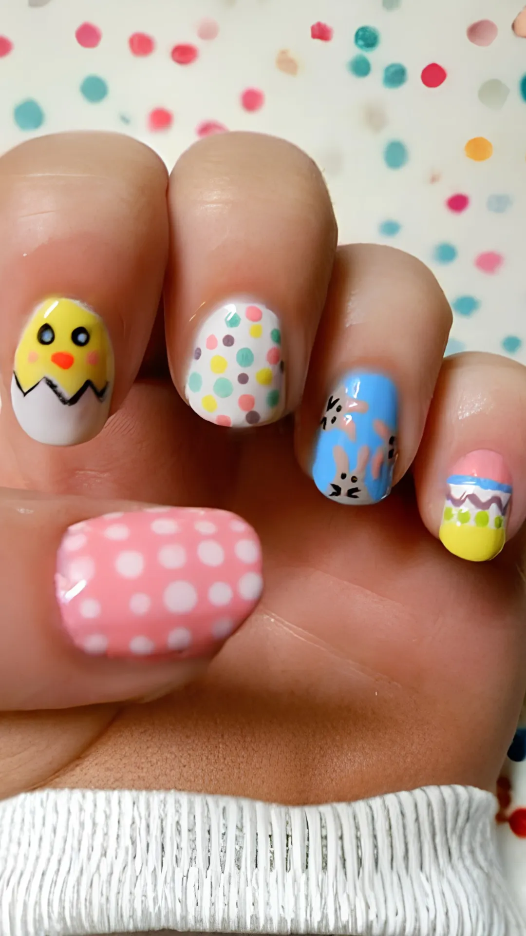 A playful, youthful Easter nail art design on short, rounded nails. The thumb is bright pink with white polka dots, the index finger features a cute yellow chick hatching from a white eggshell, the middle finger is covered in multi-colored pastel confetti dots, the ring finger shows a blue sky with pink bunnies, and the pinky mimics a decorated Easter egg with colorful zigzag patterns.