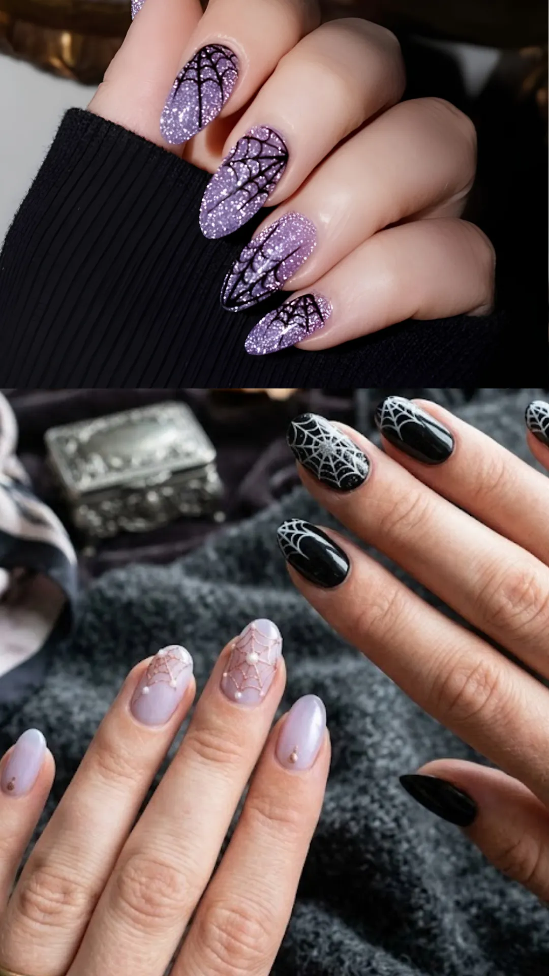 A two-part image showcasing dark-themed, gothic-style spider gel manicures. The top half shows a close-up of long, almond-shaped stiletto nails covered in a dazzling, textured violet-purple glitter polish, accented by intricate black spider gel webs spun from the cuticles downwards. The bottom half displays two hands over a grey knit blanket; one hand features glossy black nails decorated with white spider webs, while the other hand showcases semi-sheer lavender nails adorned with copper-toned webs and tiny faux pearls.