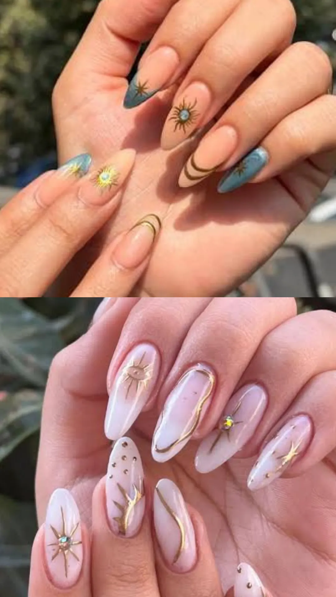 This split-image collage shows diverse mystical celestial-inspired almond nail art designs. The top panel features shorter nails on a medium-toned hand with clear bases, gold sunbursts, crescent moons, and turquoise accents. The bottom panel shows longer, milky white nails on a lighter hand, adorned with intricate gold wire designs, starburst decals, tiny gold dots, and crystal gems. Both examples highlight how simple gold celestial motifs can create elegant, ethereal nail art on almond-shaped nails suitable for daily wear.