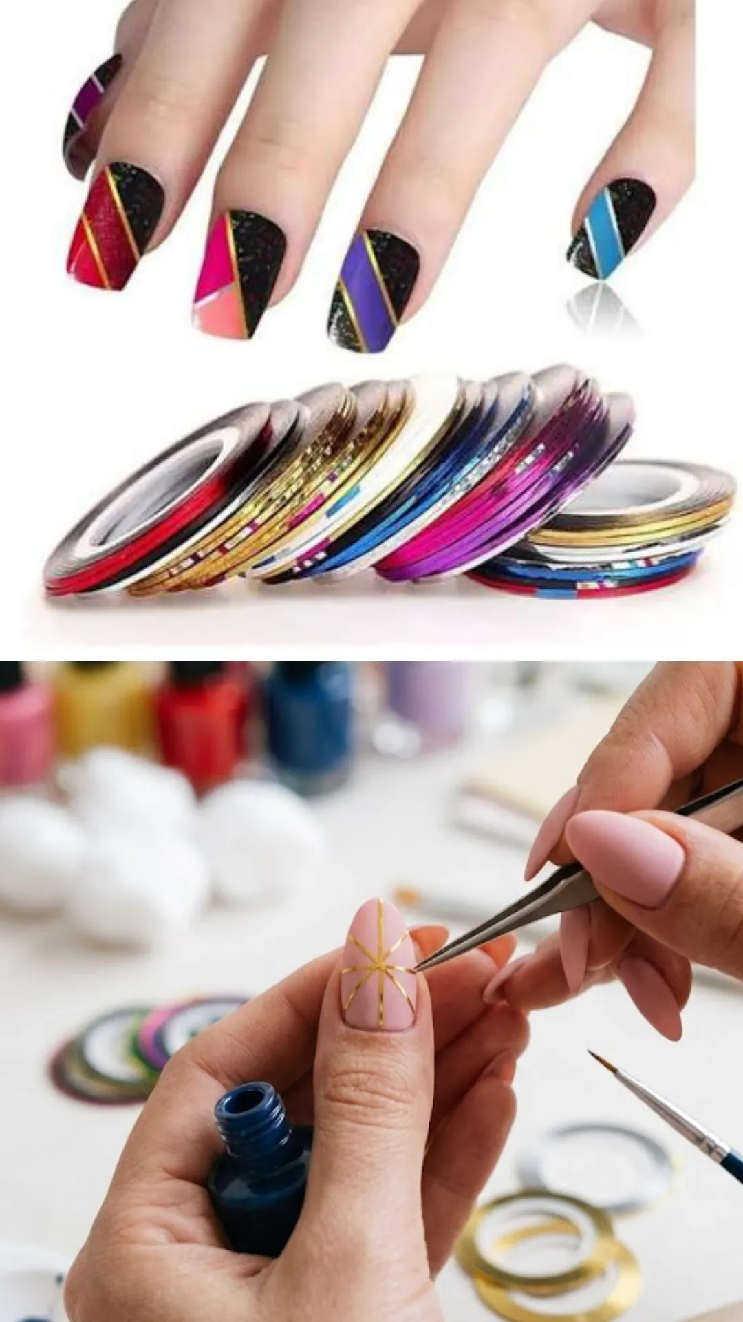 A two-panel image showing metallic striping tape for graphic nail art. The upper half displays a set of long nails featuring geometric color blocks in red, black, and purple separated by straight gold lines, sitting above a stack of multi-colored holographic striping tape rolls. The lower half features a hand using precise metal tweezers to place thin, reflective gold tape lines onto a mauve-colored almond nail to build a geometric starburst pattern.