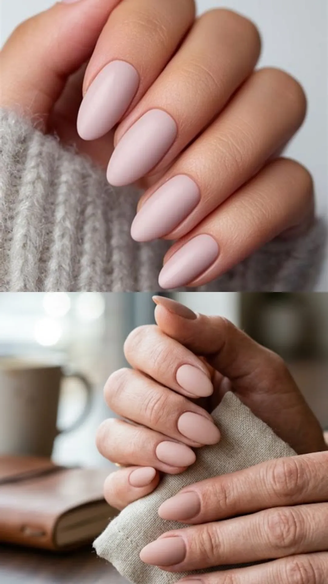 A split-panel image focusing on soft, velvet-smooth matte nude finishes. The top panel depicts long almond nails painted in a muted, dusty mauve-pink polish with a velvety matte topcoat, resting against the cuff of a plush grey sweater. The bottom panel displays a close-up of hands held over a light brown cloth, featuring short oval nails coated in a warm nude-beige shade with a matching matte texture.