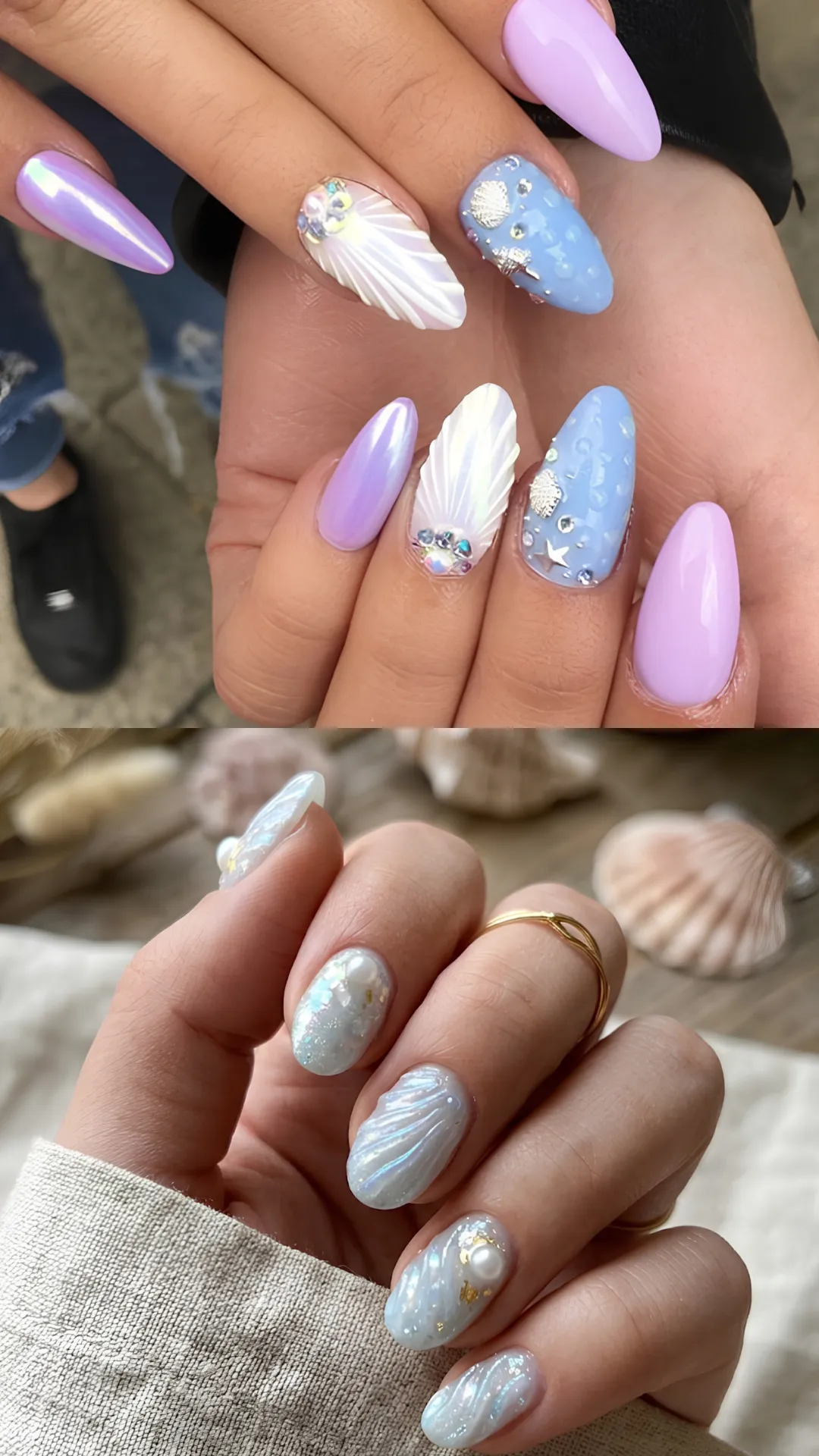 A split-screen image highlighting ocean and mermaid-inspired 3D nail art. The upper photo shows almond-shaped nails in iridescence-coated lavender and sky blue, featuring prominent 3D white clam shell ridges decorated with small sea-shell charms and iridescent crystals. The lower photo displays a softer, pearlized light blue manicure with 3D raised seashell grooves and tiny gold leaf flecks.