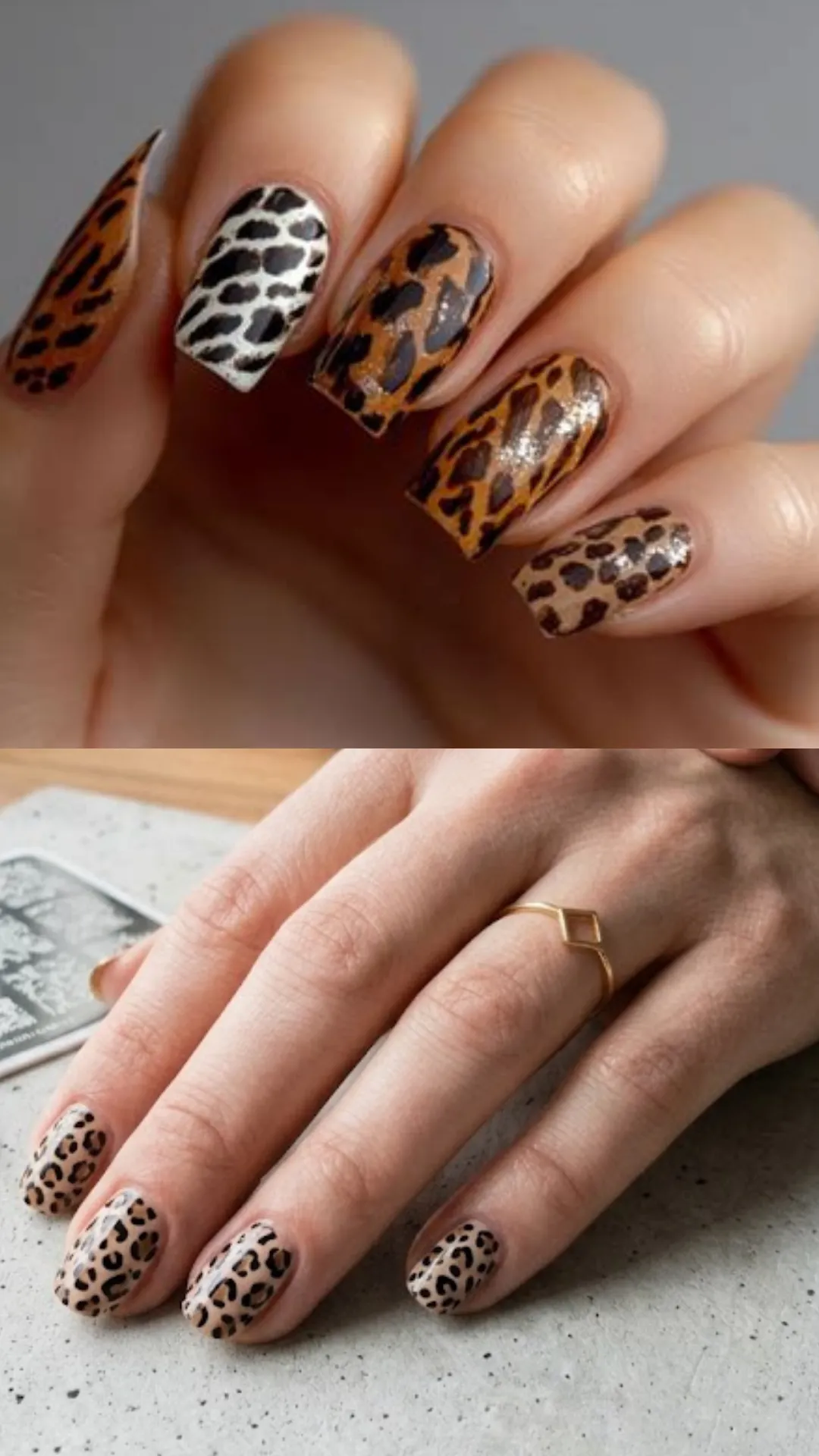 A two-part photo displaying wild animal print nail stamping designs. The upper photo shows long, square-cut nails covered in realistic leopard print stamping in shades of warm amber, brown, and black glitter accents. The lower photo displays a hand with short nails stamped with an all-over classic black leopard spot pattern over a soft, neutral tan background.