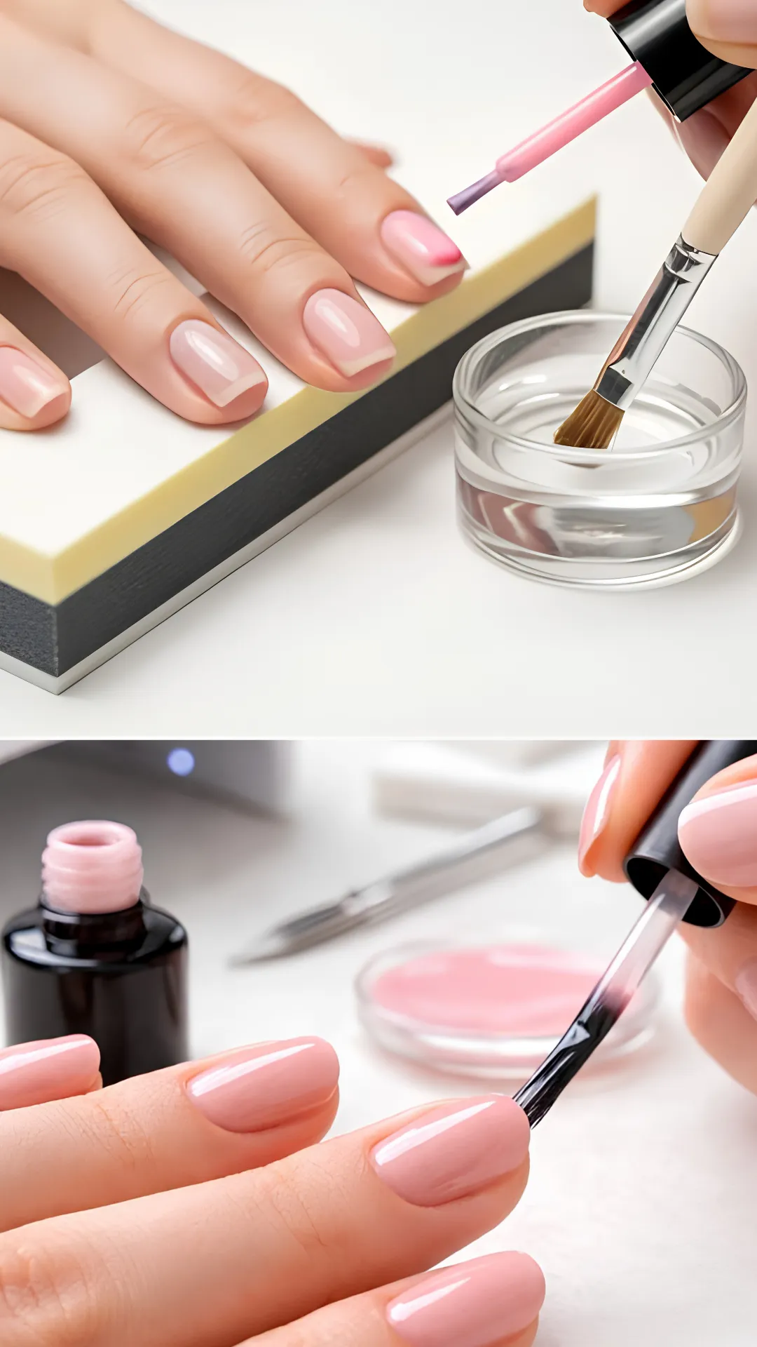 A two-part photograph demonstrating proper nail art sealants and curing setup. The top photo shows a nail artist using a fine brush dipped in clear gel to seal painted art before curing. The bottom photo shows a close-up of a hand with fresh, glossy pink manicured nails receiving a clear top coat layer next to an open bottle of gel topcoat and an LED curing lamp in the background.