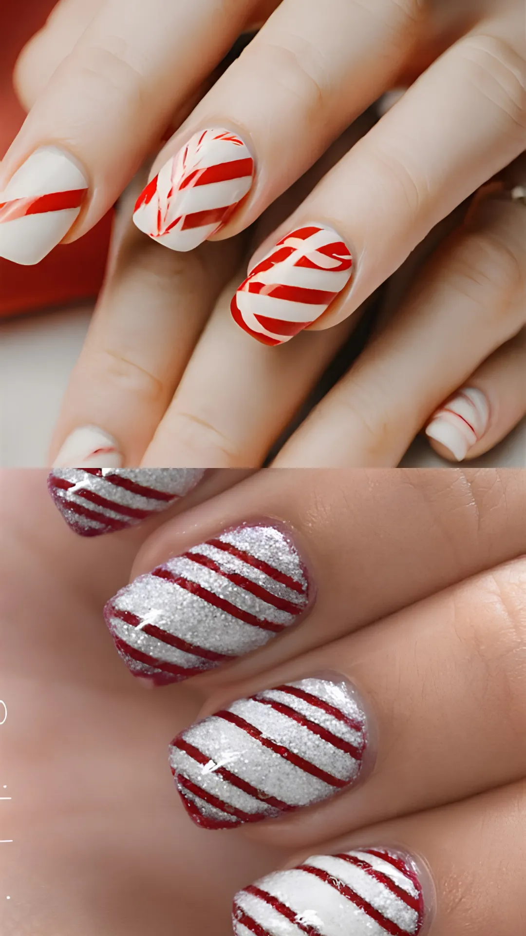 Christmas candy cane stripe nail art, comparing a clean white and red diagonal striped pattern with a textured silver glitter base featuring bold red holiday stripes.