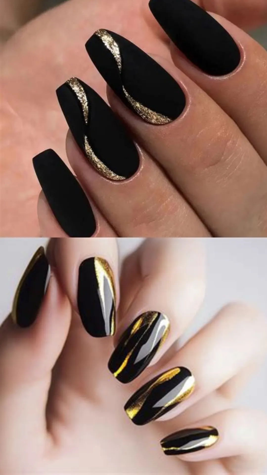Dramatic black and gold manicures showing matte black coffin nails accented by a wave of textured gold glitter on top, and high-gloss black nails featuring bold streaks of metallic gold foil below.