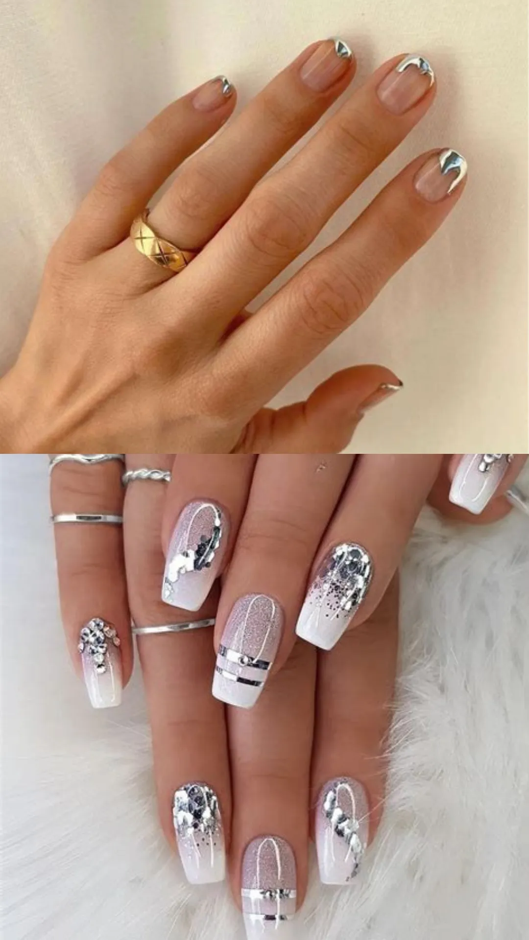 Creative silver nail styles comparing minimalist natural nails with metallic molten liquid silver tips on top, against an extravagant white coffin manicure with silver glitter, striping tape, and rhinestones below.