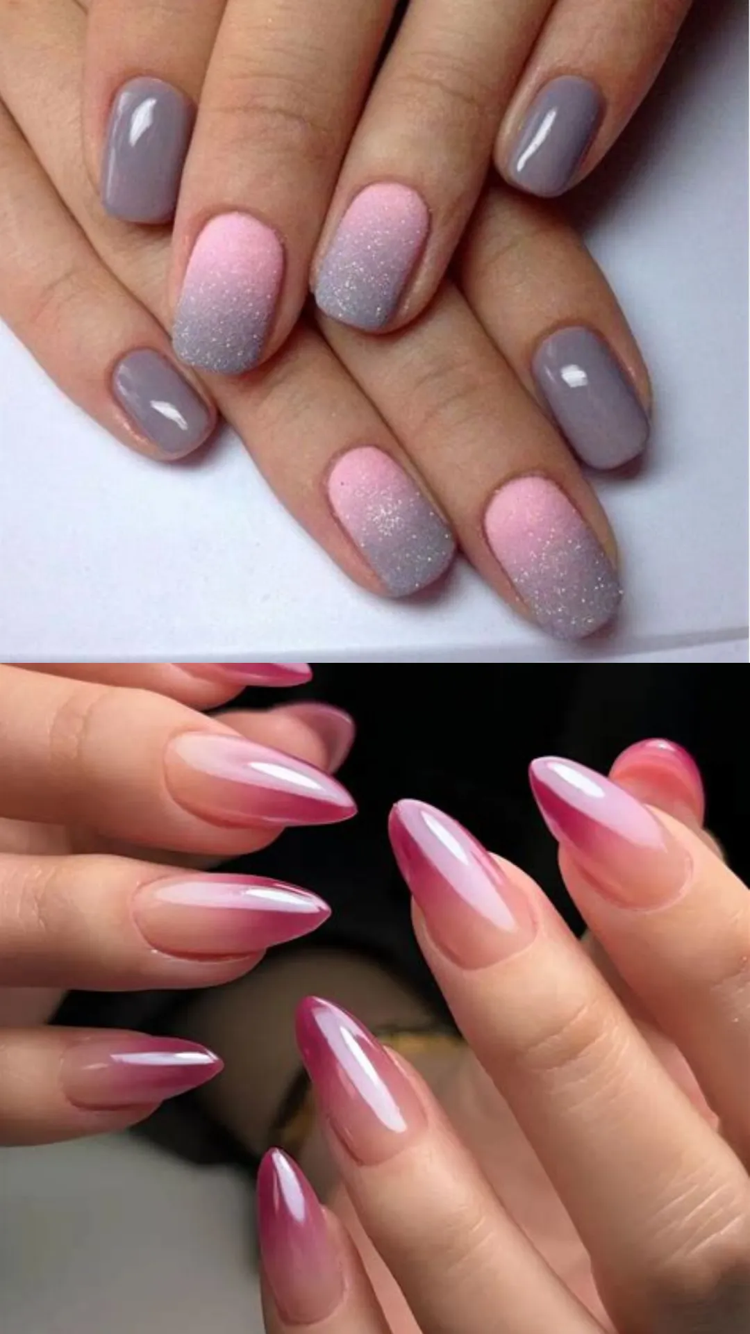 A two-panel contrast of smooth gradient acrylic nail trends. The top image shows short round nails with a subtle, soft pink-to-grey ombré design dusted with a fine layer of silver glitter. The bottom image features elegant, long stiletto nails styled with an ultra-glossy, translucent pink aura or "blush nail" effect that deepens into a rich magenta hue at the centers.