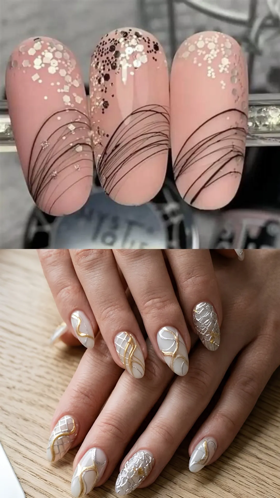 A composite image focusing on elegant metallic and abstract nail art accents. The top section displays three oval press-on nails with a soft, glossy peachy-pink base coat, decorated with a thick crown of chunky hexagonal gold glitter at the cuticles and wispy, curved parallel lines of dark brown spider gel. The bottom section shows a close-up of a hand with almond nails featuring an intricate mix of textured white grids, cracked silver foil patterns, and swirling, raised 3D metallic gold bands.