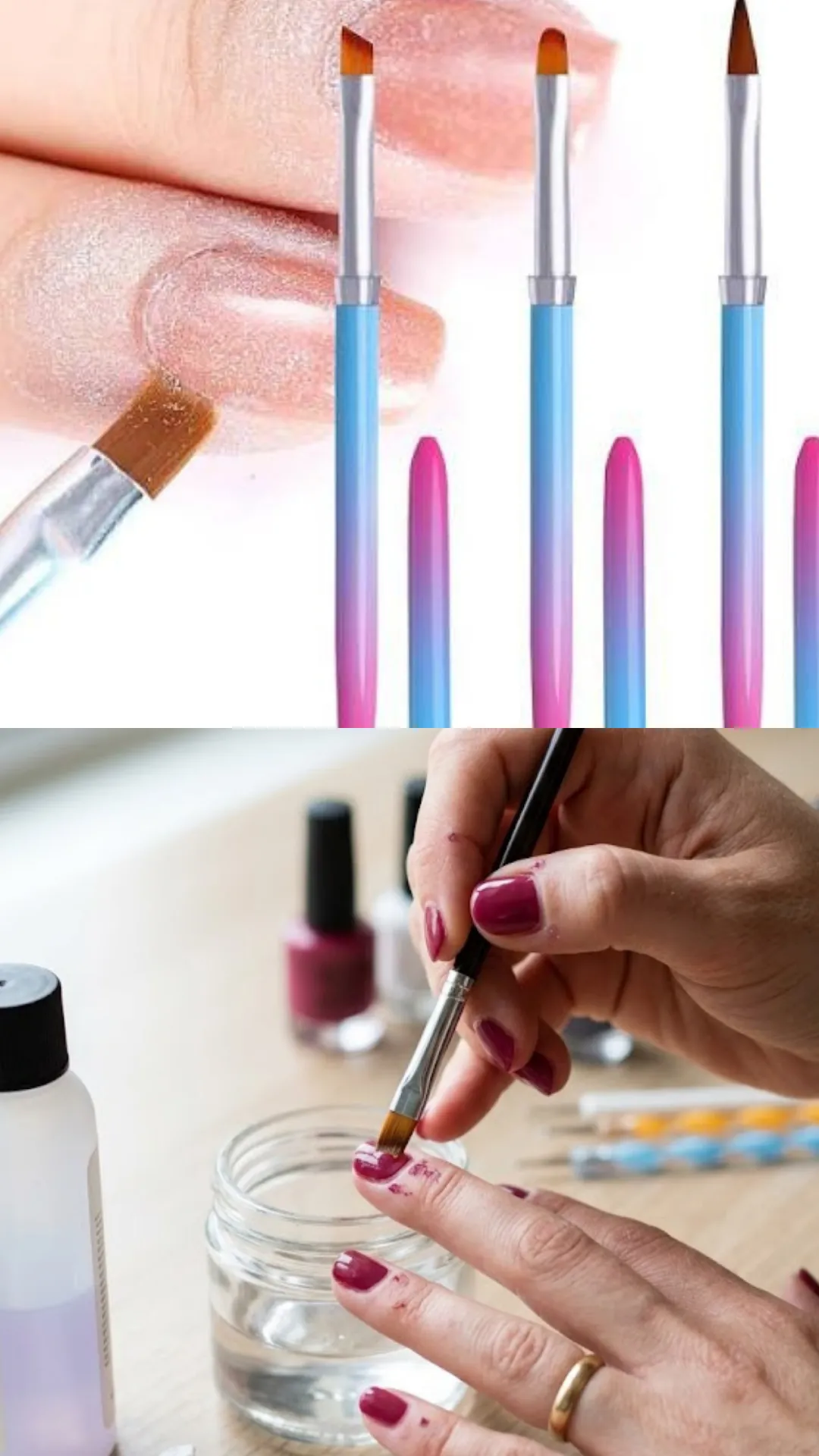 A composite photograph showing cleanup and blending brushes. The upper portion displays three pink-and-blue gradient-handled ombre brushes with flat, angled bristles alongside a finger showing a shimmering glitter gel application. The lower section portrays a person using a flat cleanup brush dipped in acetone or water to wipe away stray burgundy polish from their cuticles and sidewalls over a small glass dish, ensuring a clean salon-quality finish.