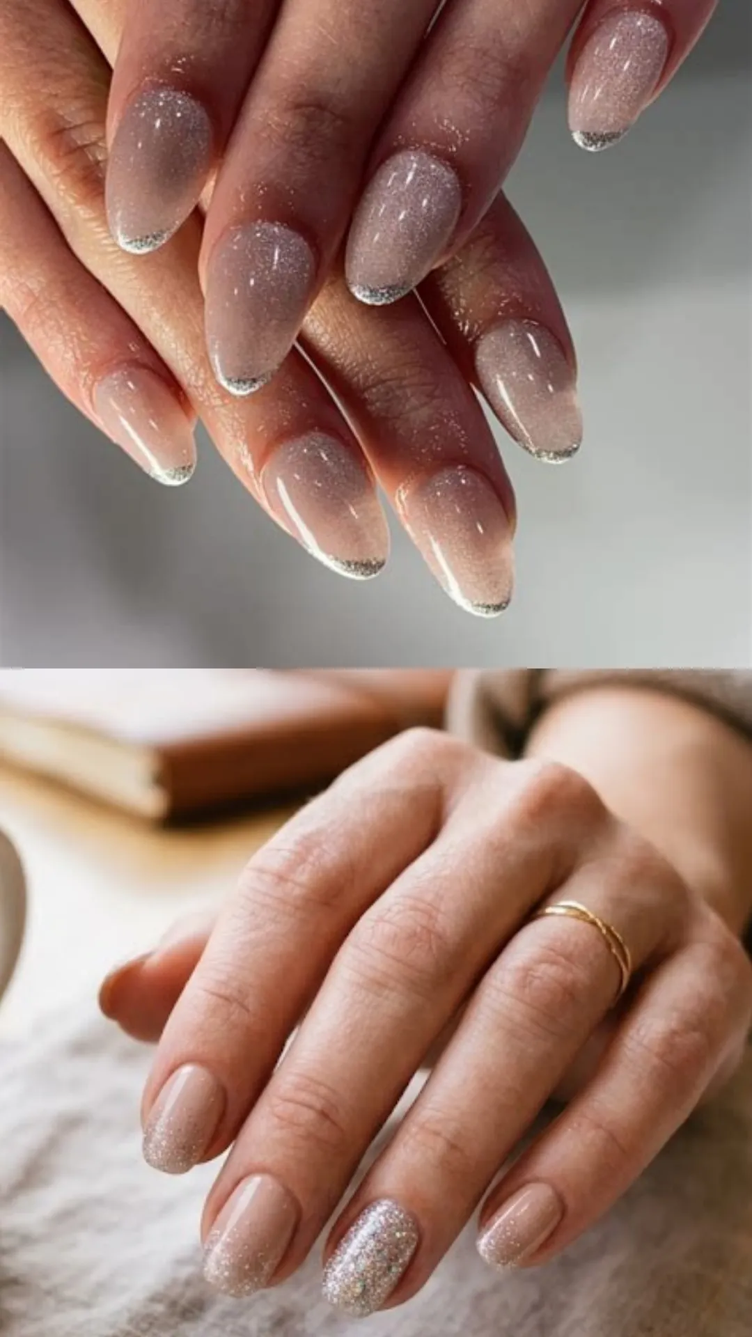 A two-part image demonstrating glittering subtle accents for nude manicures. The upper section shows two hands with almond-shaped nails painted in a translucent, shimmering nude gel polish bordered by a fine line of silver micro-glitter along the very edge of the tips. The lower section showcases short, rounded beige-nude nails where the ring finger is fully coated in dense silver glitter while the surrounding nails feature delicate glitter gradient cuticles.