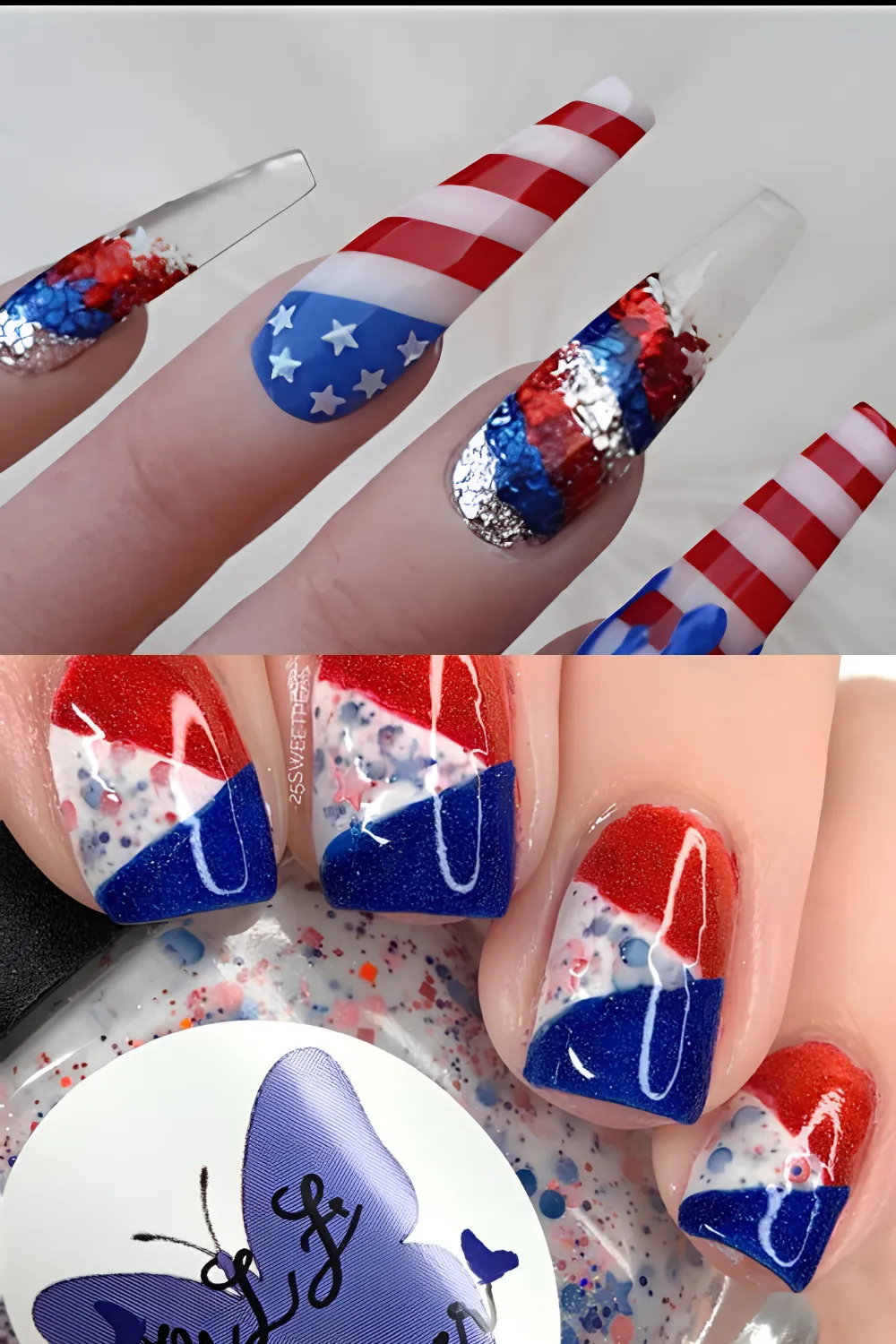 A split-screen image highlighting bold patriotic nail art styles. The top half shows ultra-long acrylic coffin nails featuring clear encapsulated red, white, and blue glitter foil along with bold American flag stripe patterns. The bottom half showcases short square nails featuring a geometric color-blocked design with red, white, blue glitter gel, and patriotic confetti flakes.