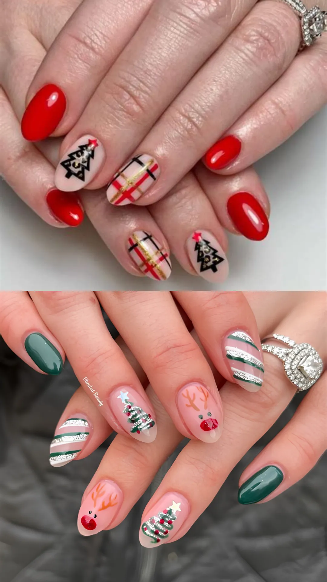 Creative holiday nail art combinations featuring solid red and green polishes, cozy plaid patterns, sparkling Christmas trees, and a cute red-nosed reindeer design.