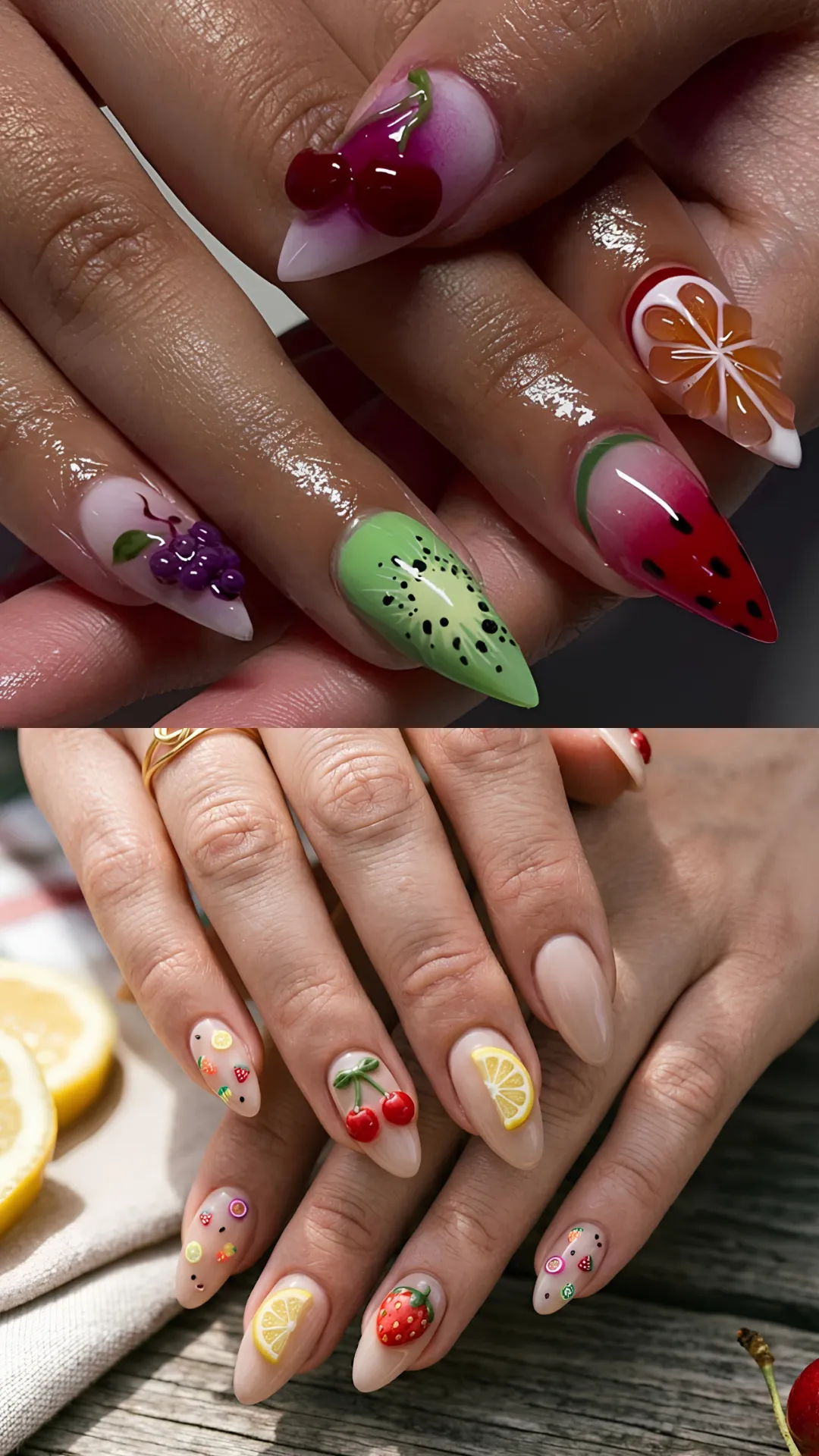 A two-part photo displaying playful and realistic 3D fruit nail designs. The top panel shows stiletto nails featuring raised, glossy 3D fruit sculptures including grapes, a kiwi slice, a citrus orange wheel, a watermelon slice, and cherries. The bottom panel displays almond nude nails decorated with smaller 3D resin fruit charms shaped like cherries, strawberries, and lemon slices.