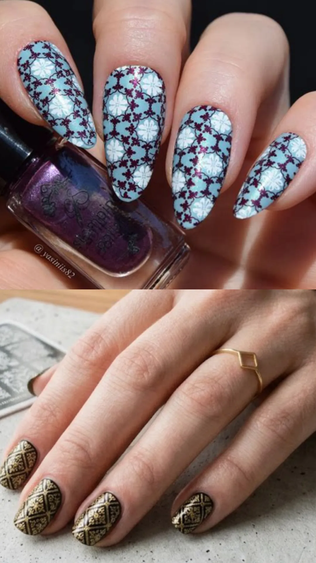 A composite photograph featuring intricate metallic and damask tile stamping art. The upper image displays long, almond-shaped fingernails painted in light sky blue, stamped with a complex, full-coverage dark plum purple Moroccan tile lattice pattern. The lower image shows short nails stamped with a rich, metallic gold damask brocade pattern framed by black borders.
