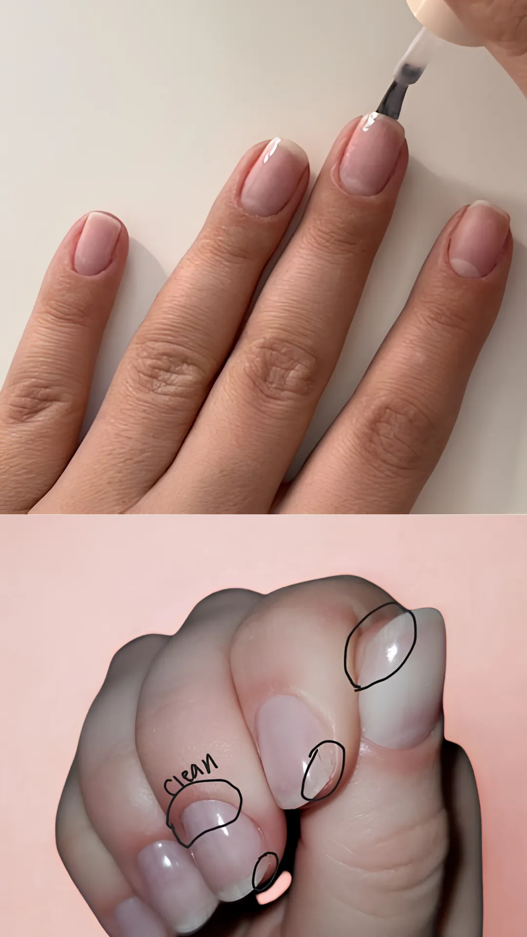 A split-screen image illustrating clean application and cuticle clearance. The top panel depicts a person applying a clear protective coat along the nail surface while keeping space away from the skin. The bottom panel shows a close-up of a hand with black-encircled callouts highlighting clean, unpainted gap lines around the cuticle borders, labeled "CLEAN," demonstrating how keeping polish off the skin prevents premature peeling.