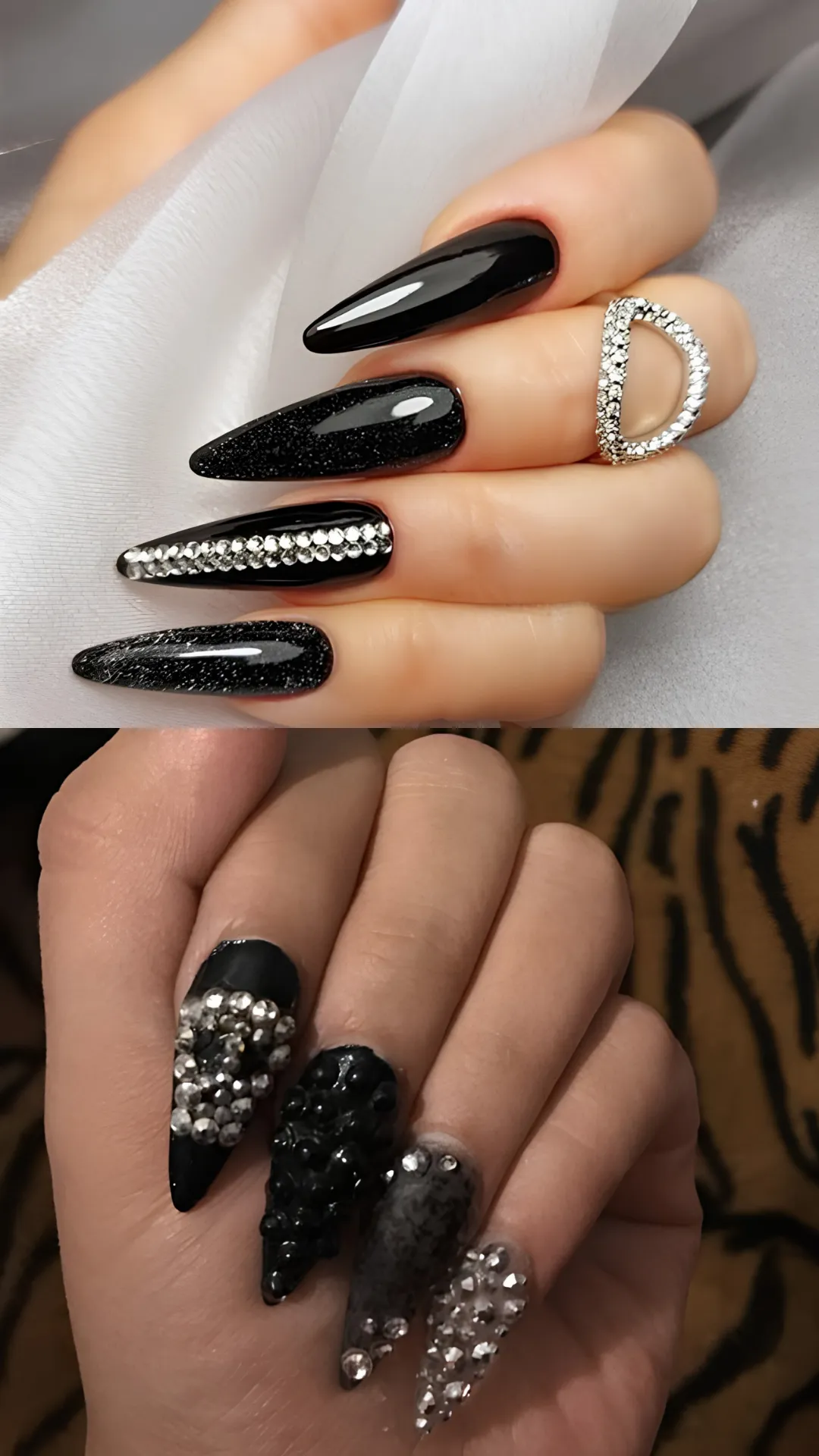 Glamorous and dark stiletto nails featuring shimmering glittery black polish with a line of crystals on top, contrasted below with a heavily textured goth look using matte black spikes, studs, and rhinestones.