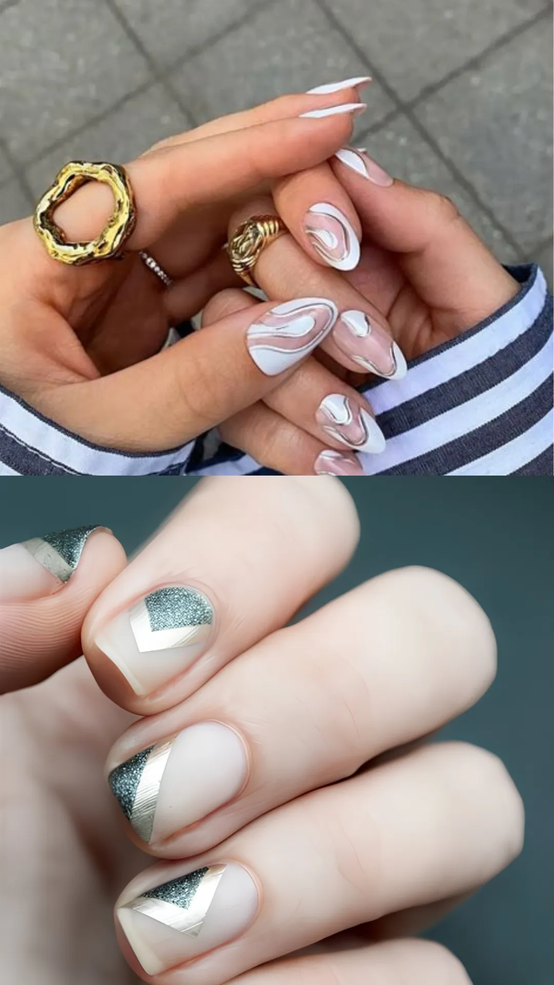 Futuristic nail art comparing sheer almond nails with organic white and chrome silver abstract swirls on top, with short matte nails accented by sharp, textured metallic silver chevron designs below.