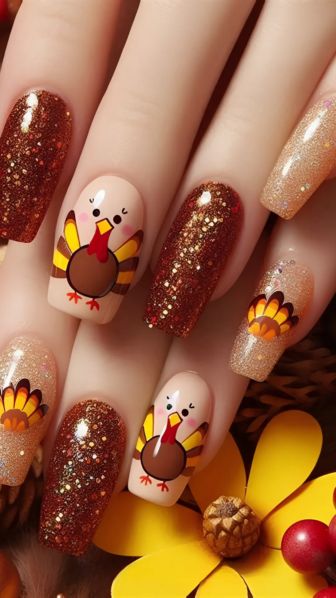 Adorable Thanksgiving-themed manicure featuring long square nails with sparkling copper glitter, alongside neutral base nails showcasing cute cartoon turkey art.