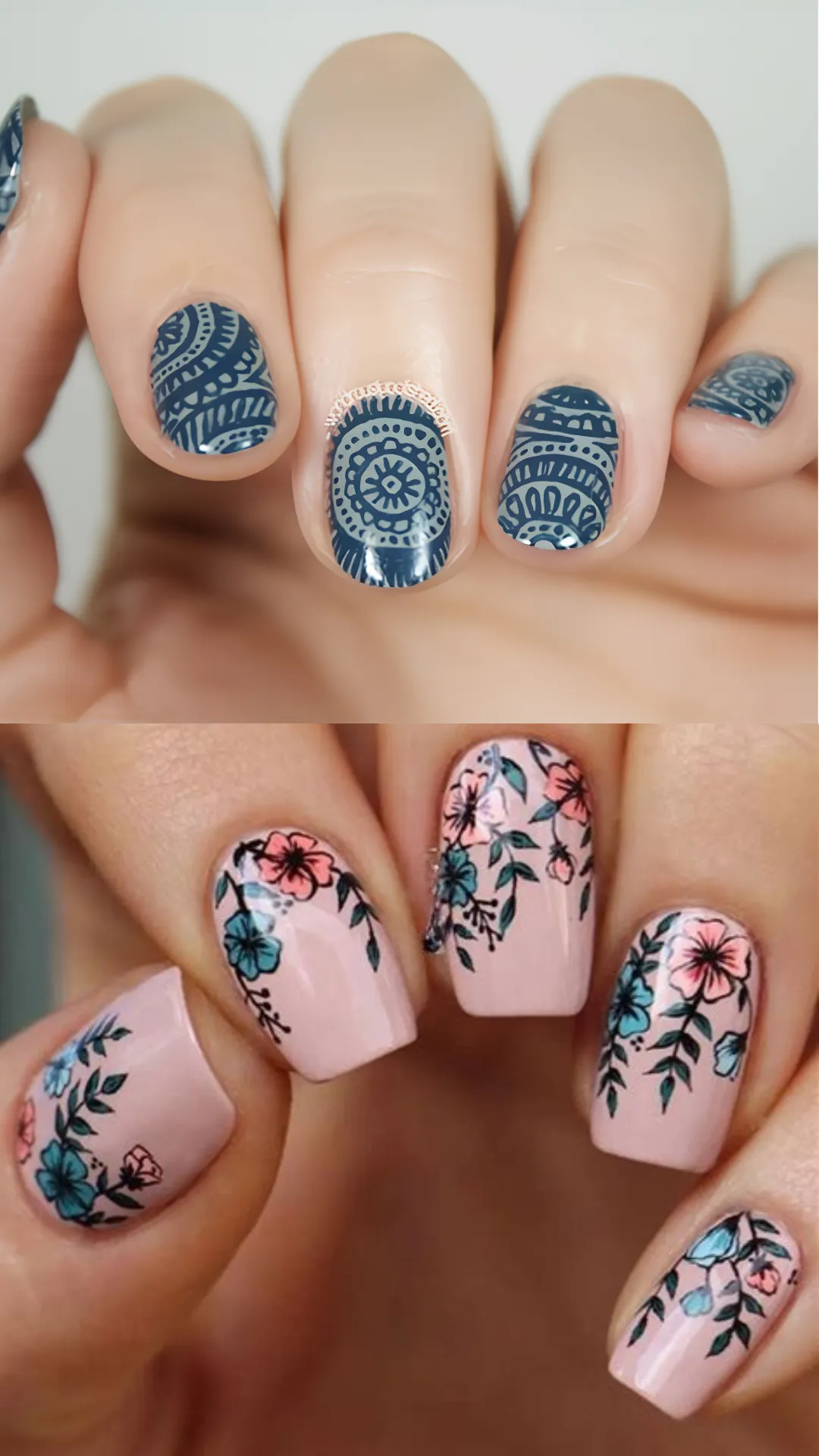A two-panel view of intricately detailed painted nail art. The top close-up highlights short, rounded nails stamped with a precise bohemian geometric mandala design in slate blue over a lighter grey-blue base. The bottom panel displays square acrylic nails painted a soft pastel pink base decorated with elegant, winding branches of teal and peach blossoms.