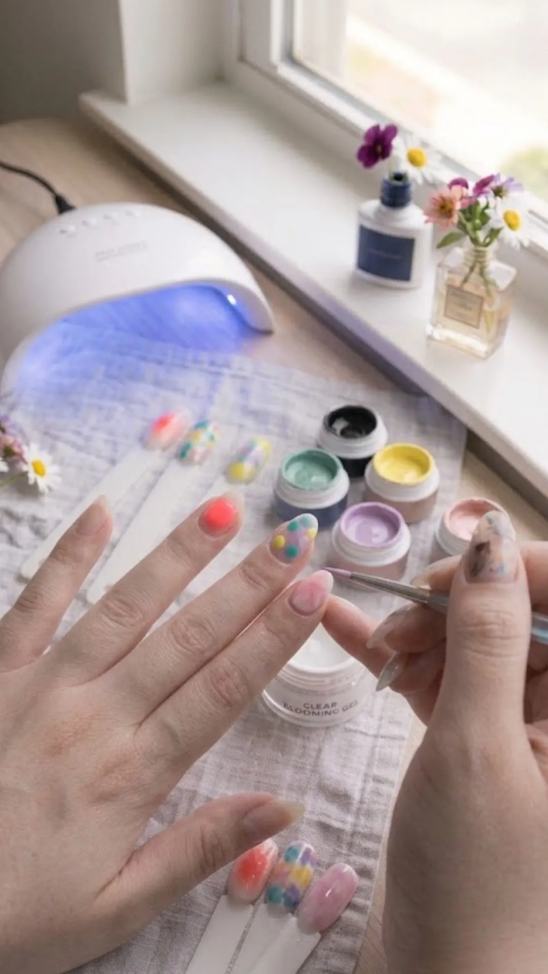 A color-spreading demonstration where a detail brush applies bright pink and yellow pastel gel dots onto a wet blooming gel base, allowing the colors to melt and expand into a soft tie-dye pattern.