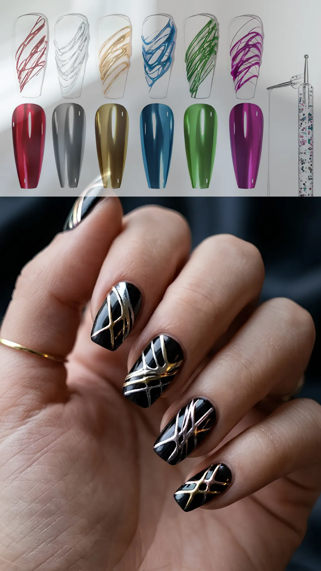 A dual-image composition highlighting metallic chrome variants and finished nail art. The upper graphic shows a row of six liquid chrome nail extensions in ruby red, gunmetal silver, yellow gold, teal blue, leaf green, and fuchsia pink alongside their respective messy, drizzled spider gel swatches. The lower photograph features a close-up of a hand with long, square-cut black nails decorated with thick, abstract crisscrossing bands of reflective metallic silver and bright gold gel polish.