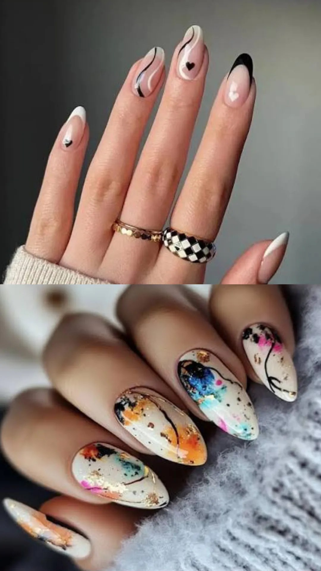 This split-image photo features contrasting short almond nail art looks. The top section shows a hand wearing minimalist art over sheer nude, including a black French tip, white tips, fine black and white swirls, and a small black heart. The bottom section displays an close-up of abstract, vibrant splash art over a milky white base, using orange, pink, blue, black, and gold foil flecks to create a contemporary, colorful design. Both styles highlight how almond nails offer a versatile canvas for elegant, creative daily looks.