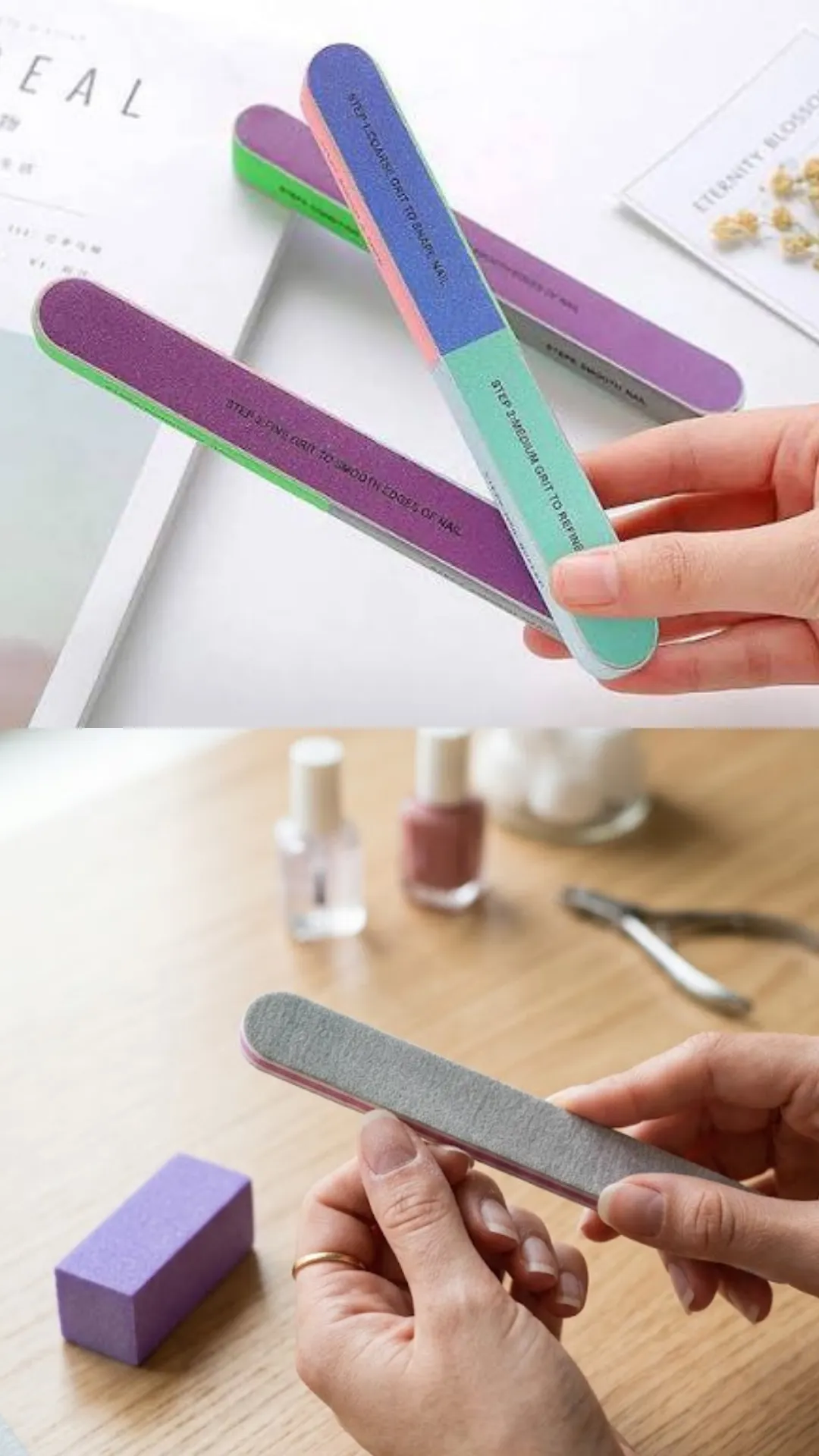 A two-part photograph showcasing professional nail files and buffers. The top half shows a hand holding a multi-sided, color-coded foam buffer board featuring labels like "Step 1: Coarse grit to shape nail" and "Step 2: Medium grit to refine." The bottom half shows a close-up of hands holding a standard grey emery board file to smooth down the edges of natural fingernails over a wooden workspace featuring a small purple sanding block.