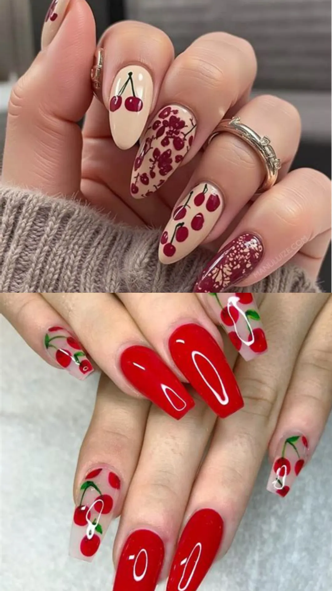 A split-screen image displaying two playful cherry-themed manicures. The top half shows almond nails on a brown knit sweater featuring matte nude bases detailed with hand-painted red cherry clusters, floral branches, and gold glitter accent tips. The bottom half showcases long, square coffin nails alternating between a solid glossy cherry red and clear bases decorated with large cherry decals.