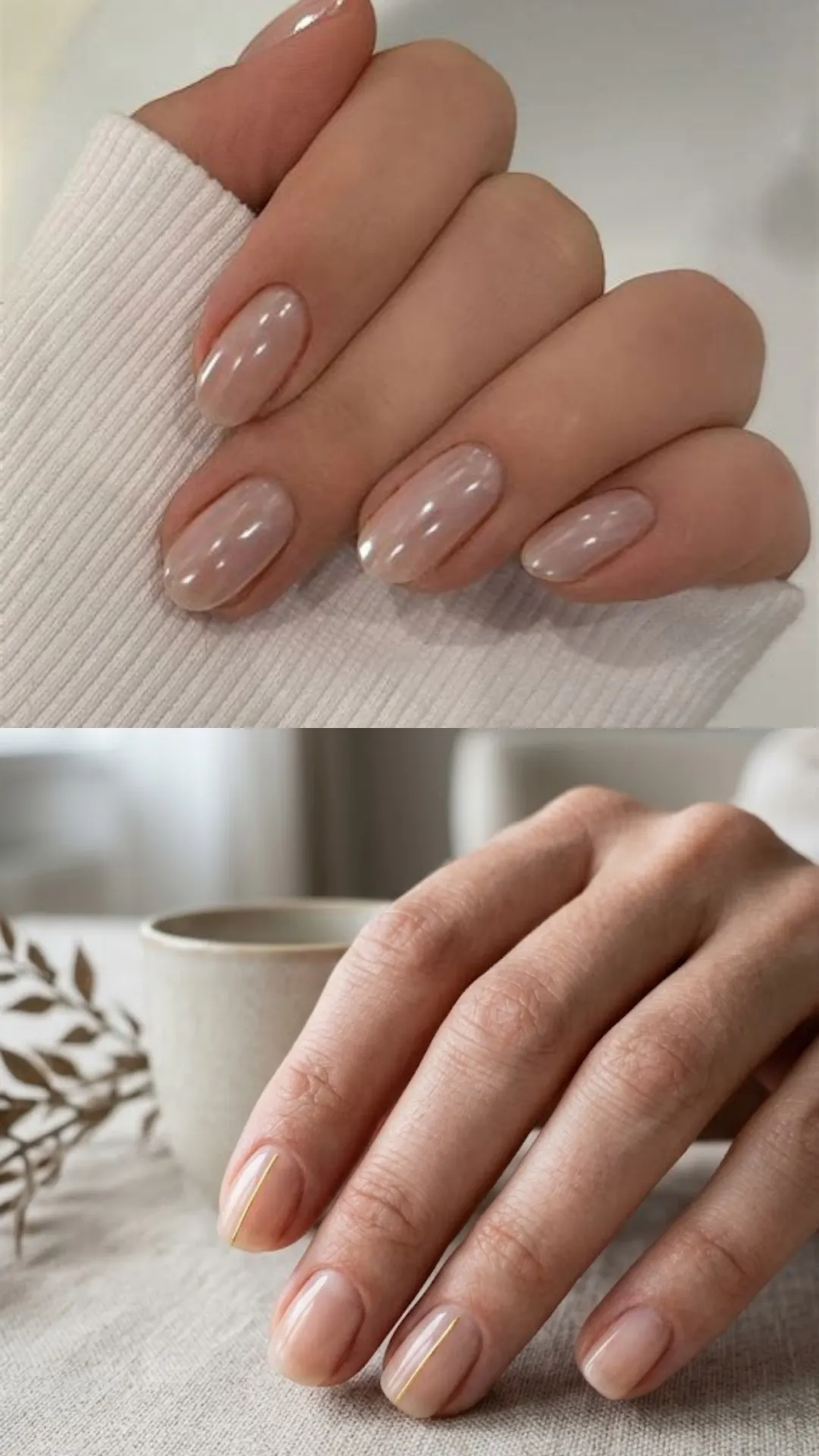 A split photo showcasing minimalist glaze and line art designs. The top panel features long oval nails with a sheer pinkish-nude polish treated with an iridescent chrome overlay for a glossy "glazed donut" pearl shine against a white ribbed sweater. The bottom panel shows a natural, short nude manicure with a tiny, vertical metallic gold striping tape accent applied near the side of each fingernail.