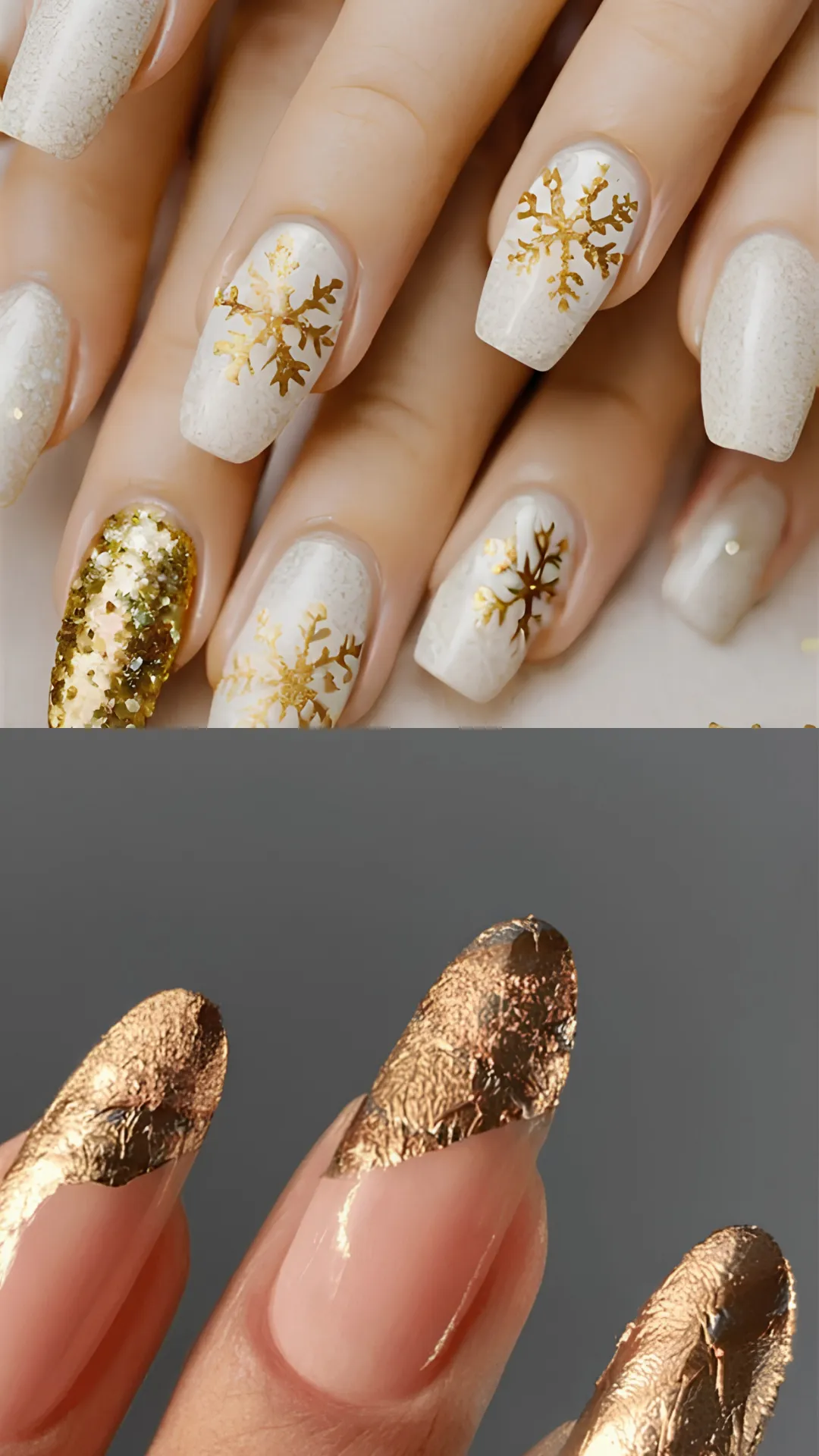 Elegant holiday nail art featuring white textured nails decorated with metallic gold snowflakes and a chunky gold glitter accent nail, paired with glossy nude nails showcasing textured gold foil French tips.