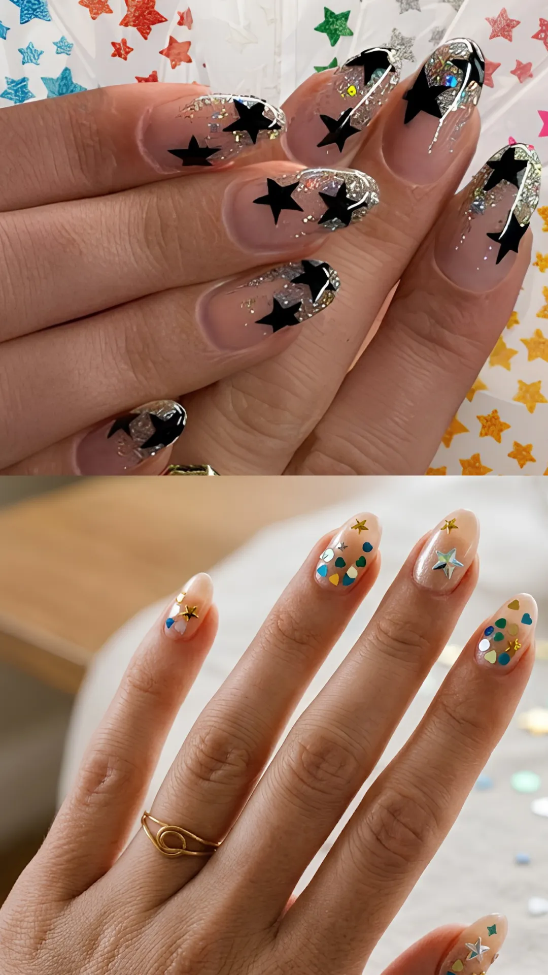 A composite photograph showcasing celestial and star-themed 3D glitter manicures. The upper photo shows long almond nails with clear glitter tips decorated with bold, raised black 3D star charms over a sheer nude base. The lower photo features a softer look with clear almond nails decorated with shiny metallic gold, teal, and silver 3D stars and heart sequins.