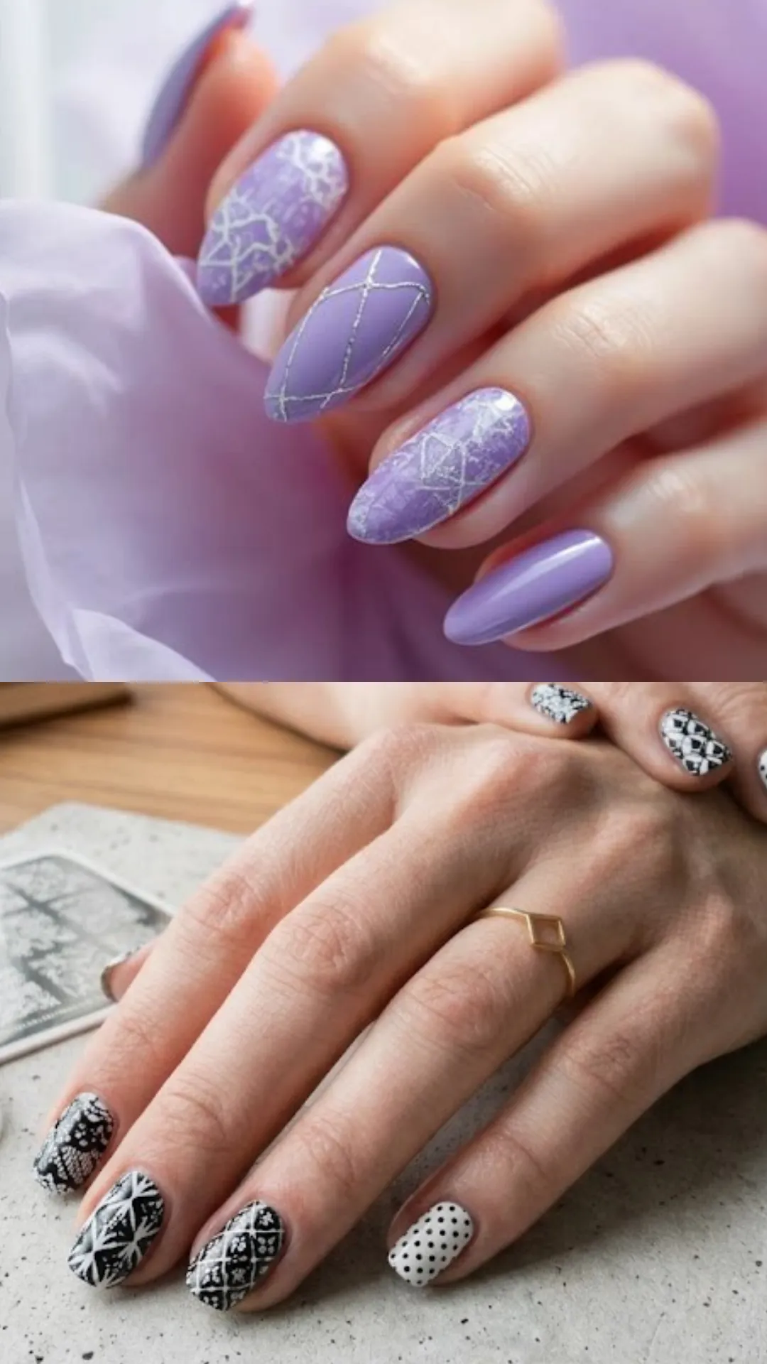 A split-screen image highlighting contrasting cool-toned and black-and-white stamped manicures. The top half features long almond nails in periwinkle purple, decorated with stamped silver metallic geometric grid lines and lace textures. The bottom half shows short square nails stamped with a variety of classic black-and-white patterns, including polka dots, gingham, and lace lattice.