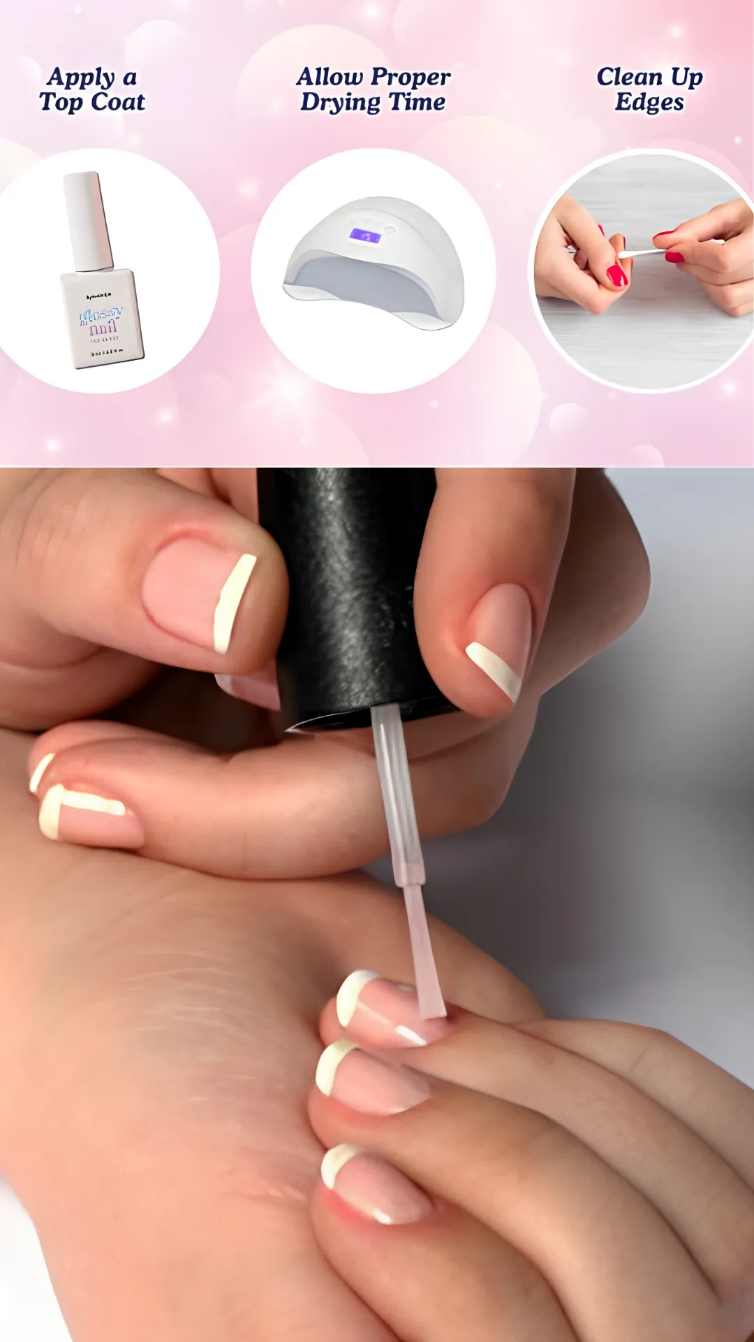 A multi-step graphic demonstrating finishing steps for a long-lasting manicure. The upper section shows three step-by-step circles labeled "Apply a Top Coat," "Allow Proper Drying Time" with an image of a white UV LED lamp, and "Clean Up Edges" with a person using an orangewood stick. The lower section shows a close-up of a technician capping the free edge of a French manicured nail with a top coat brush.