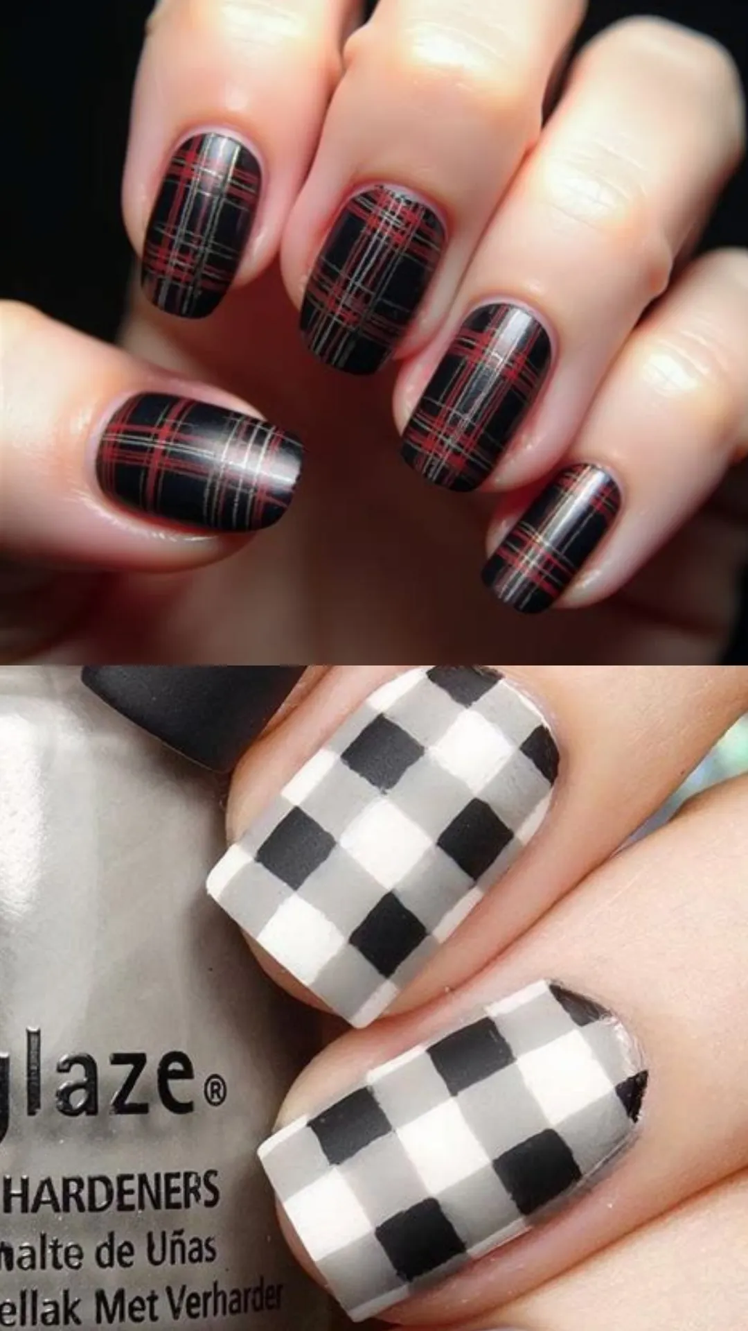 Cozy yet edgy patterned nail art showcasing a matte black base with crisp red and white flannel plaid lines on top, alongside a clean, matte black and white gingham checkered pattern below.