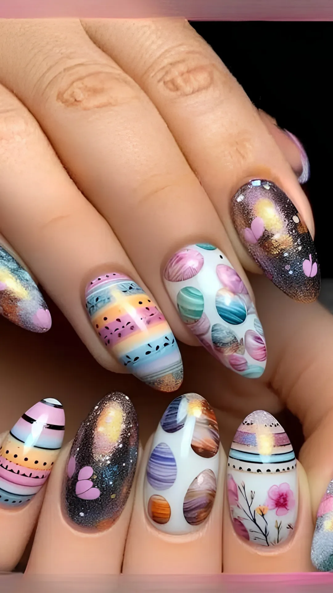 A highly detailed close-up of a maximalist Easter manicure on long, almond-shaped nails. The design features a colorful mix of seasonal patterns across different fingers. Some nails present a vibrant horizontal striped pattern reminiscent of a decorated Easter egg, while others showcase realistic painted Easter egg ovals on a white base. Additional accent nails feature a textured, dark galaxy-glitter finish adorned with soft pink hearts and elegant hand-painted spring flowers with green stems.