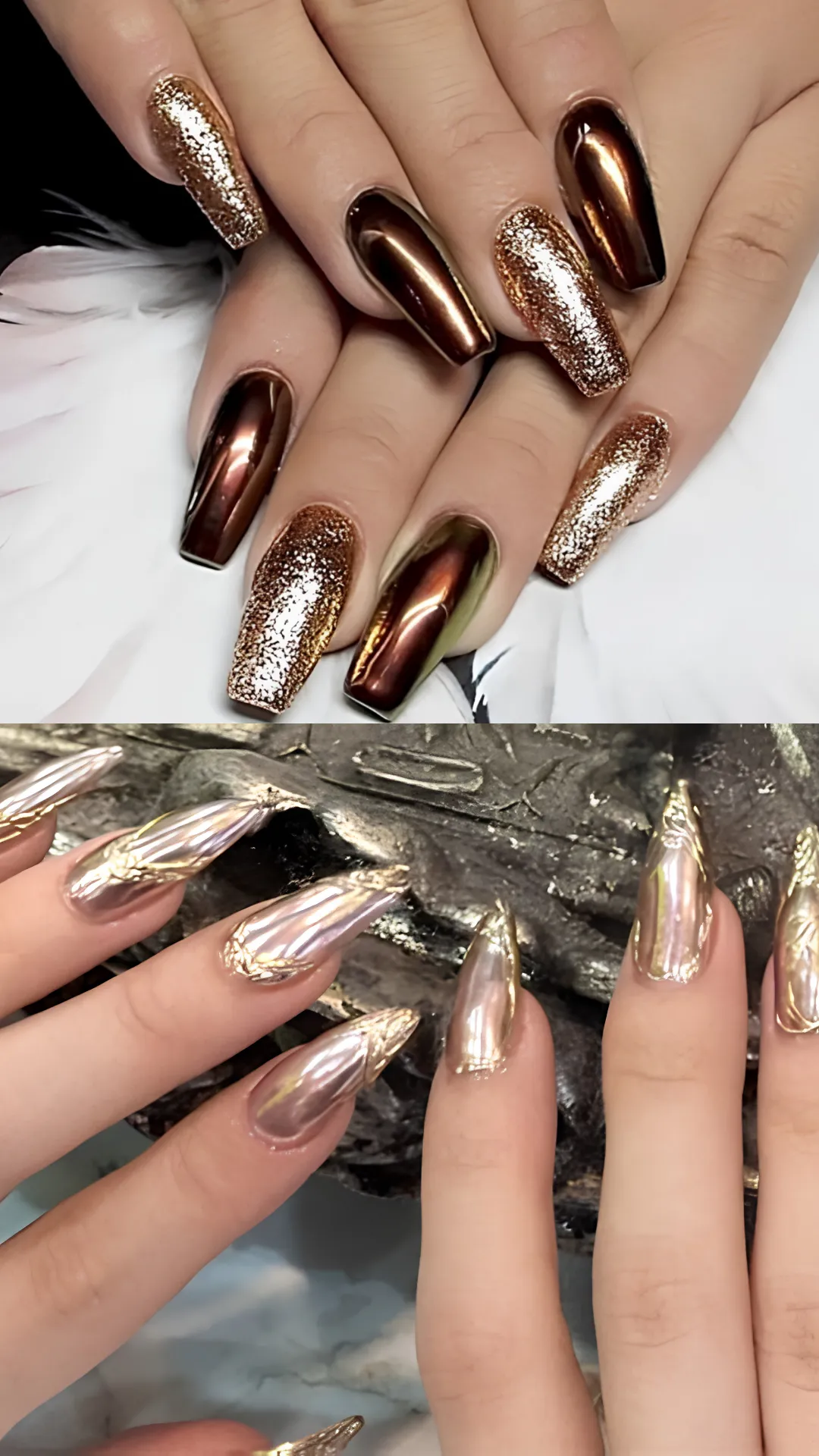 A two-panel gallery of luxury high-shine chrome finishes on long acrylic nails. The top image highlights a striking coffin set alternating between solid metallic bronze chrome and matching textured bronze sugar glitter nails. The bottom image displays sharp stiletto nails covered in an liquid-like rose gold chrome polish with molded, liquid-metal 3D textures running along the tips.