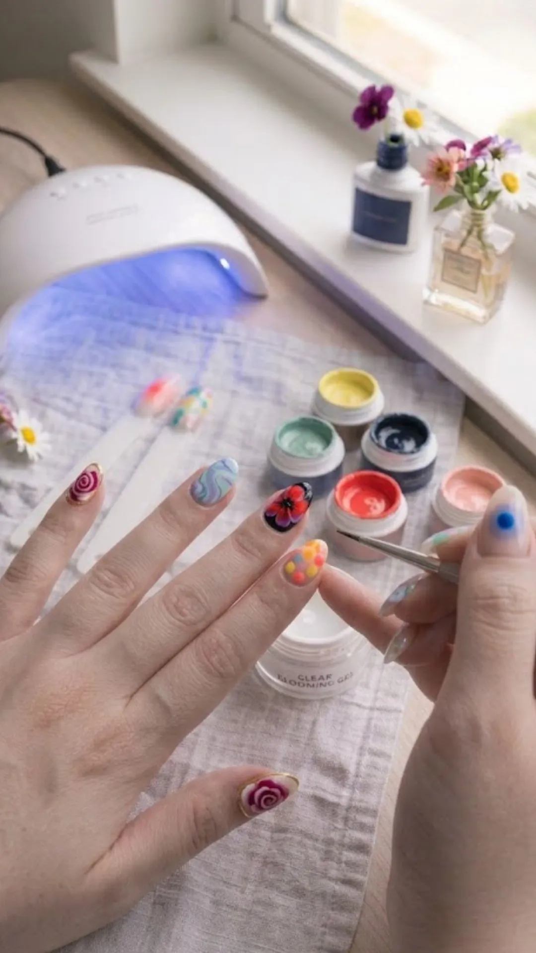 The final look of a completed blooming gel manicure, displaying a beautiful variety of designs including a vibrant red and black flower bloom, retro pastel marble swirls, a metallic gold-bordered rose swirl, and watercolor dots.